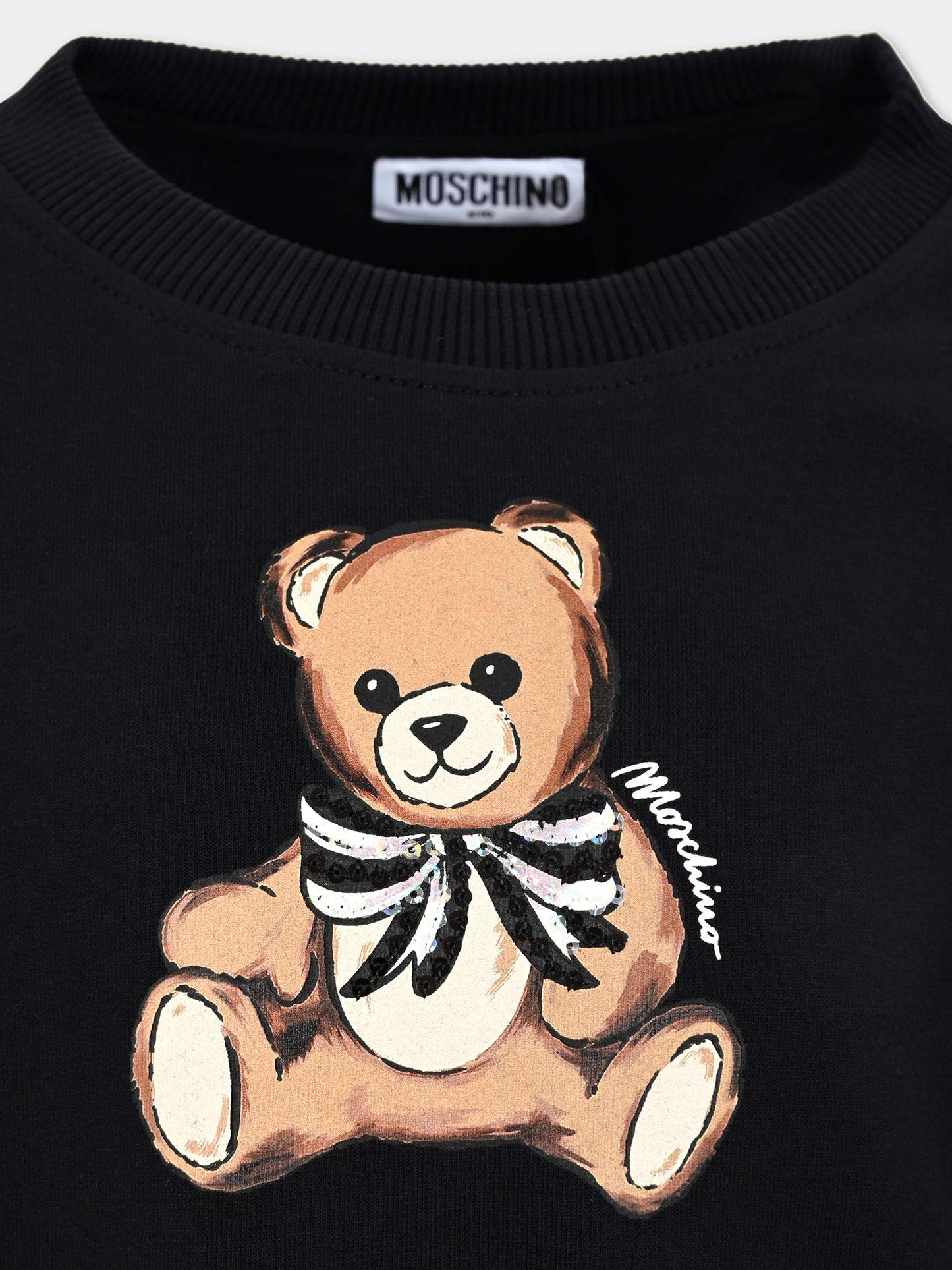 Felpa crop nera per bambina con Teddy Bear e paillettes,Moschino Kids,HDF06G LDA16 60100