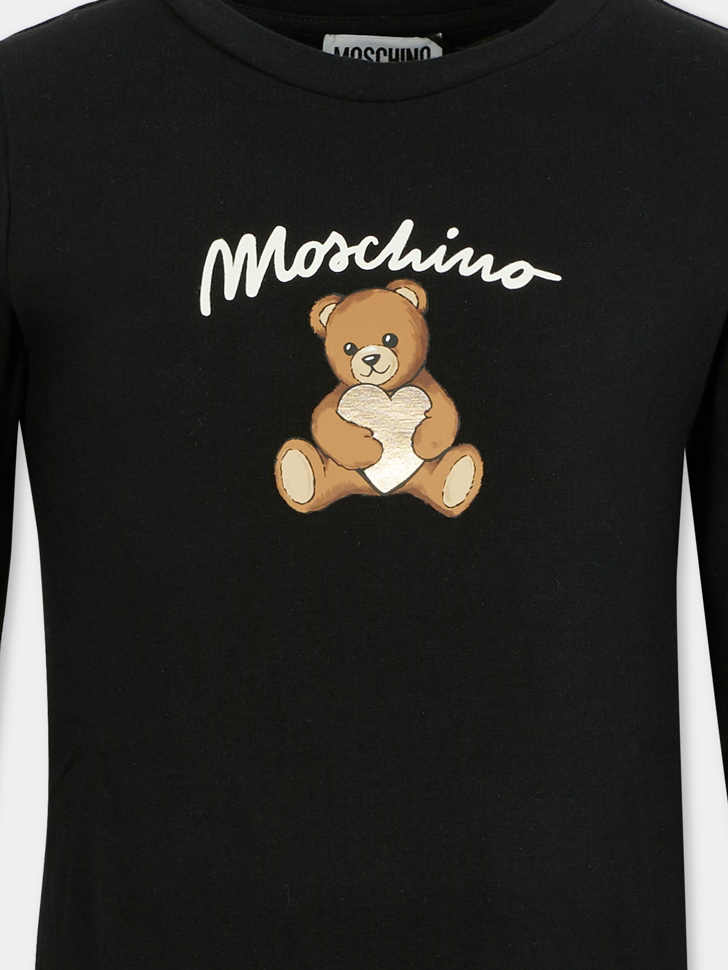 T-shirt nera per bambina con Teddy Bear e cuore,Moschino Kids,HDO010 LBA11 60100