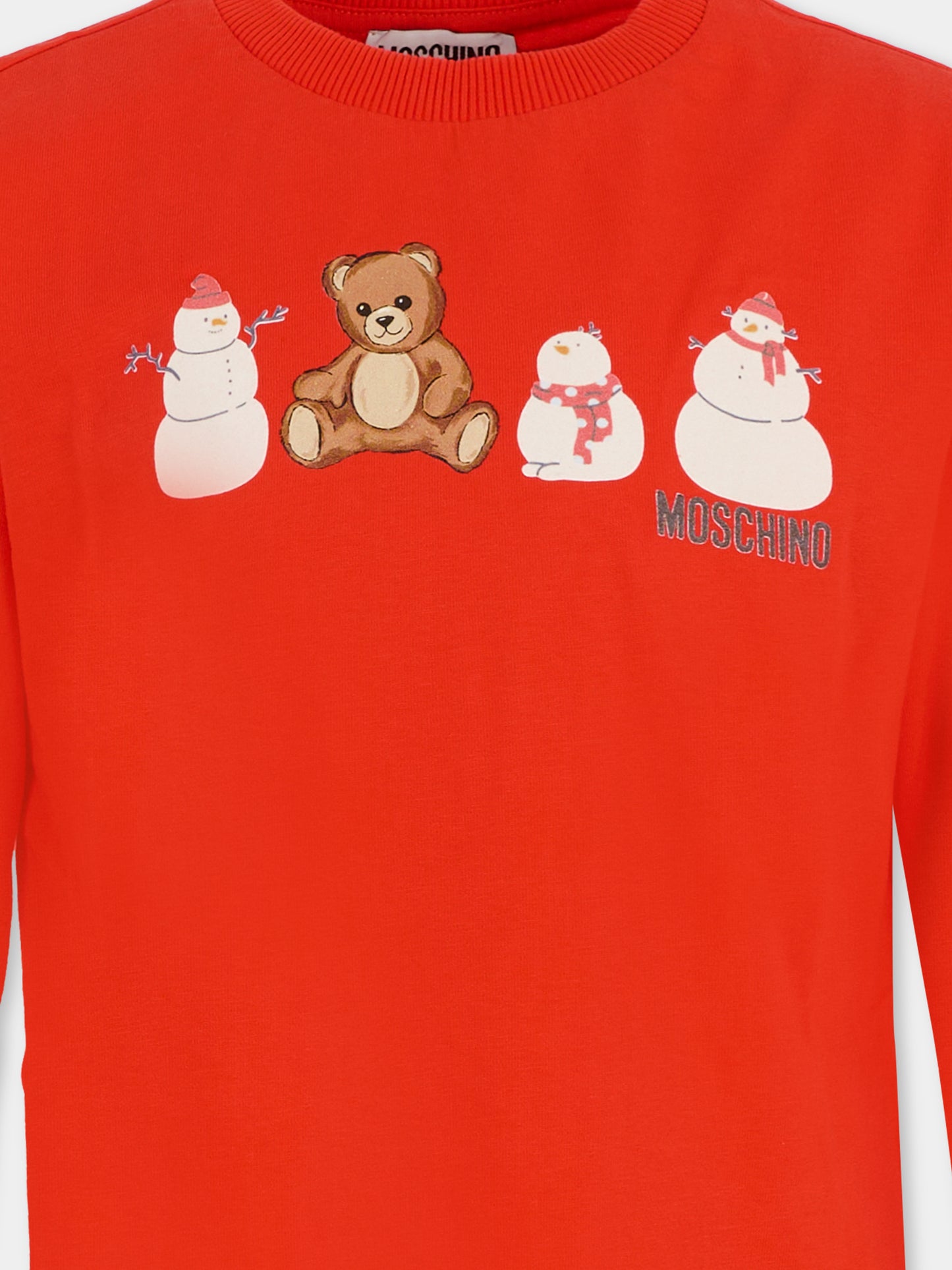T-shirt rossa per bambini con Teddy Bear e pupazzi di neve,Moschino Kids,HUO00Z LAA01 50109