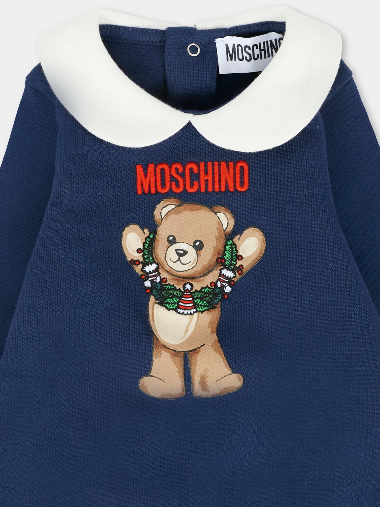 Tutina blu per neonato con Teddy Bear e ghirlanda natalizia,Moschino Kids,MYY037 LCA14 40016