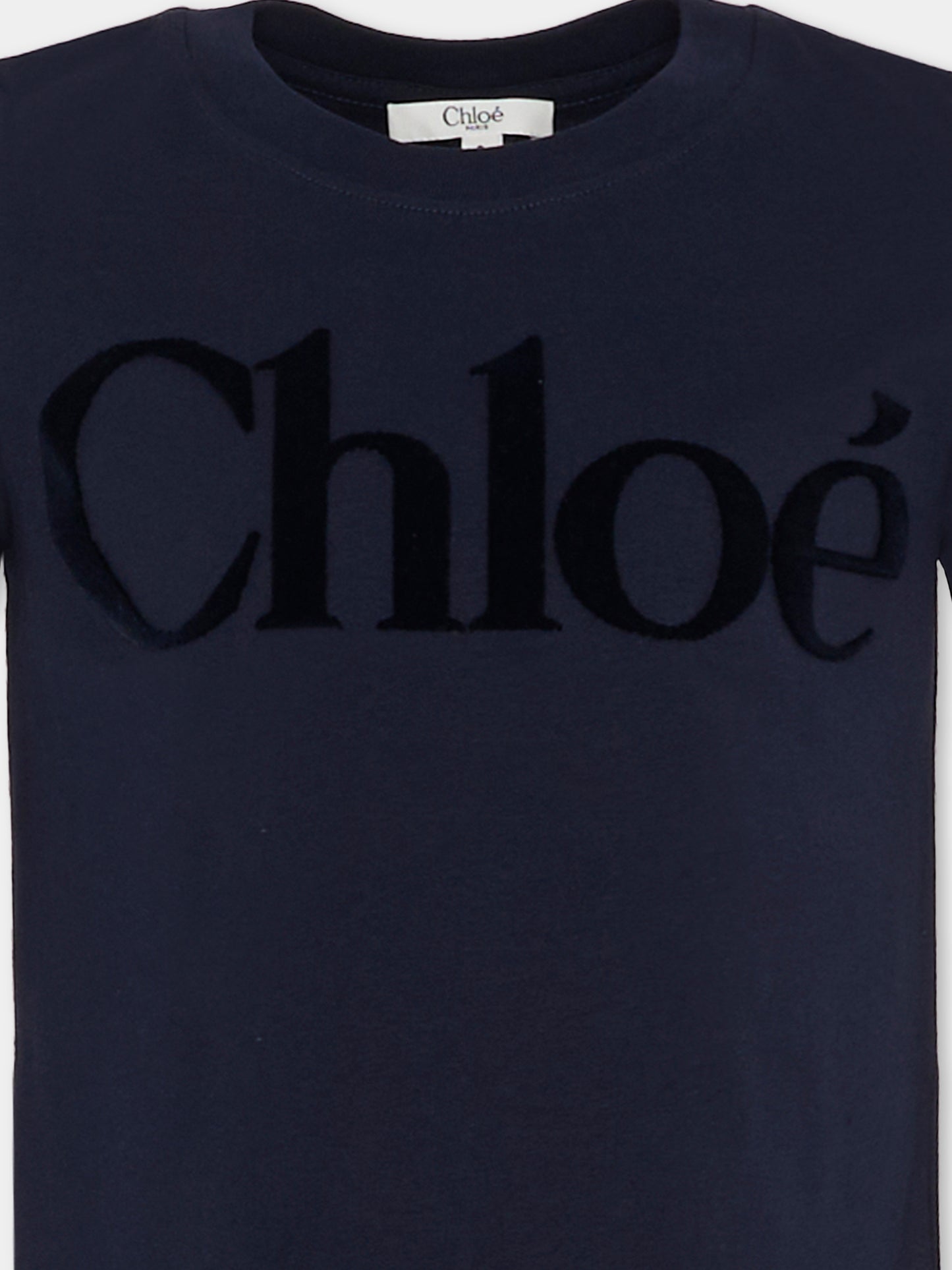 T-shirt blu per bambina con logo in velluto,Chloé Kids,C20652 859