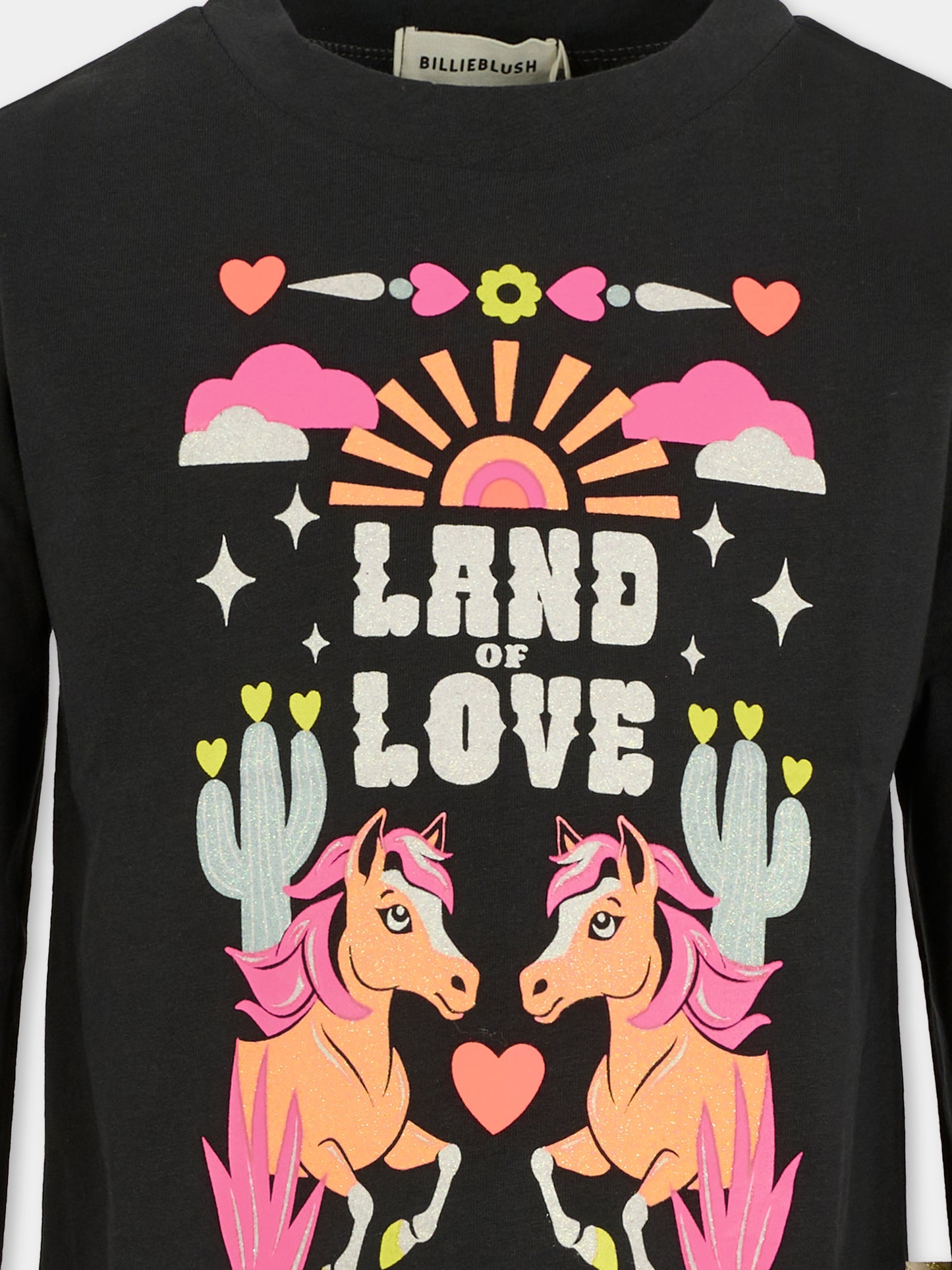 T-shirt nera per bambina con cavalli,Billieblush,U21426 062