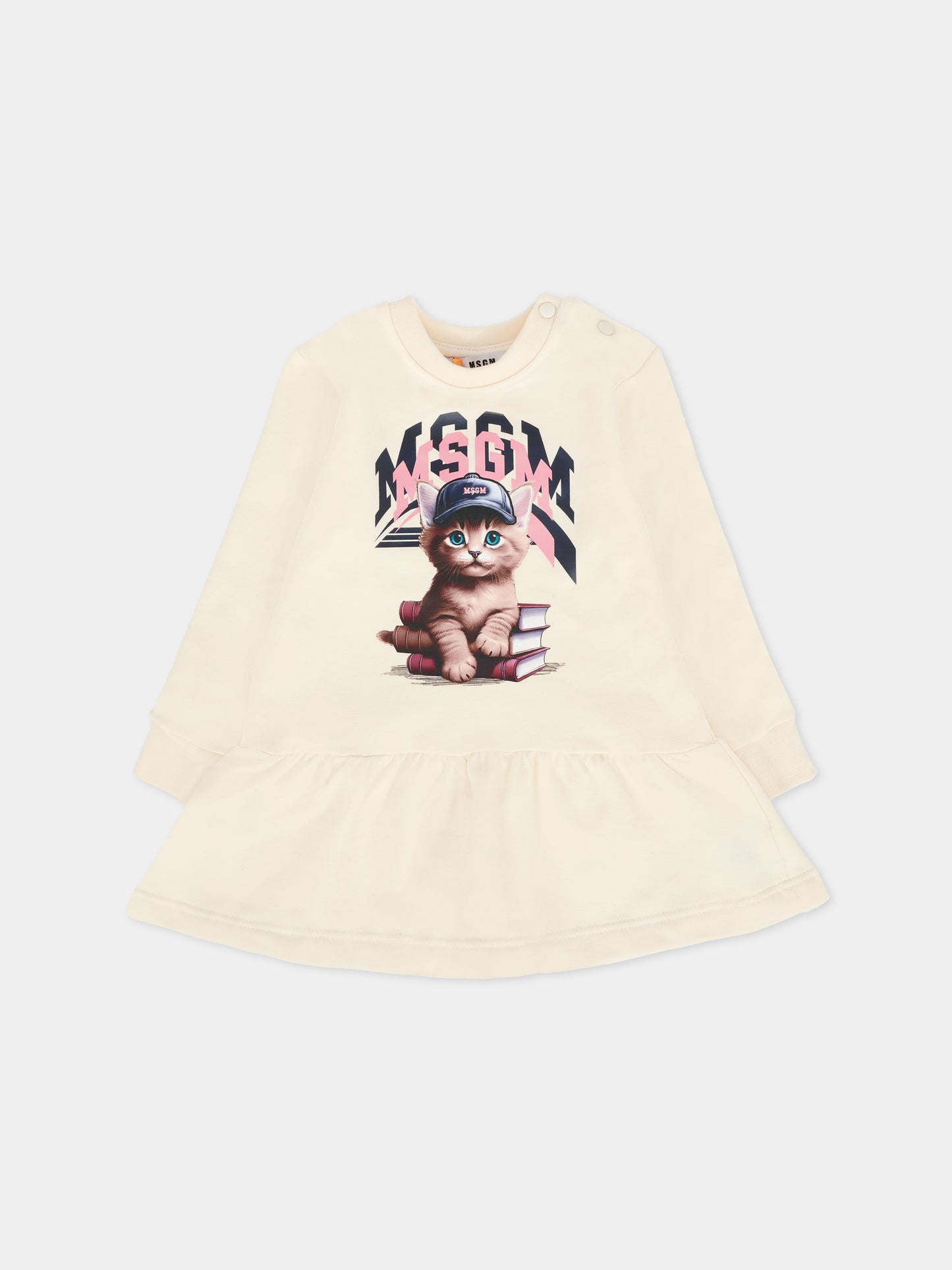 Vestito avorio per neonata con gatto e logo,Msgm Kids,F5MSNGDR289 013