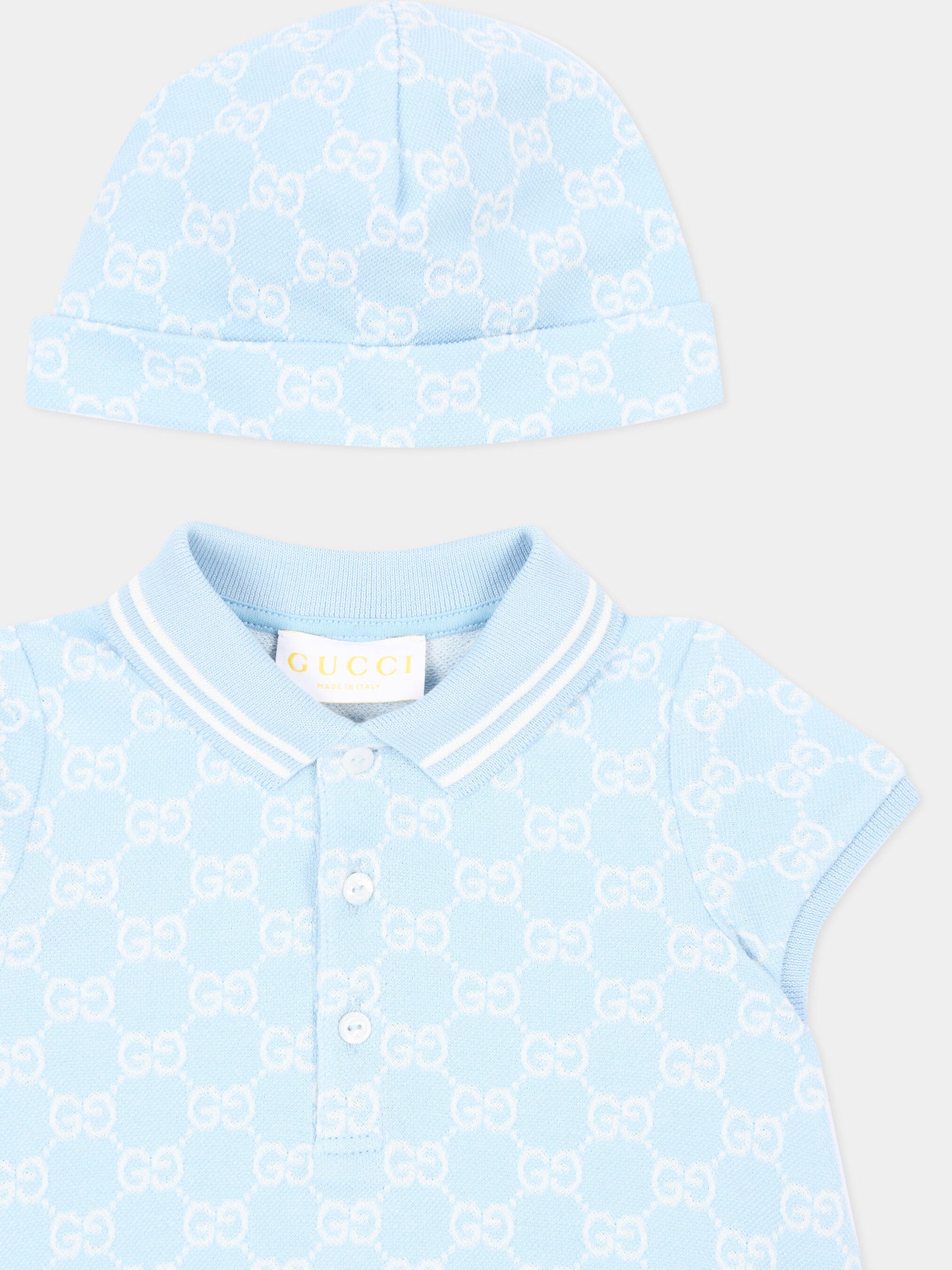 Pagliaccetto celeste per neonato con monogram,Gucci Kids,849683 XJHBA 4914