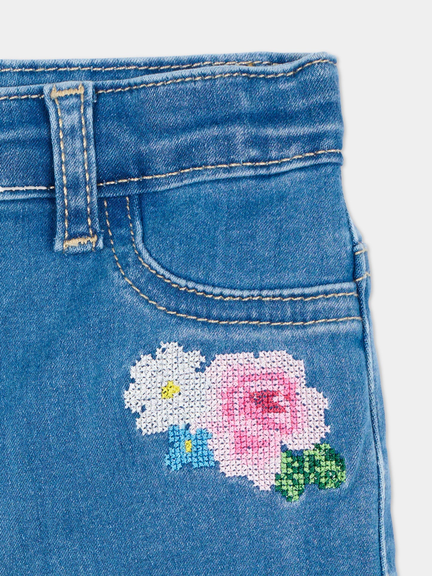 Jeans denim per neonata con fiori ricamati,Monnalisa,39G403 - 7017 - 0055