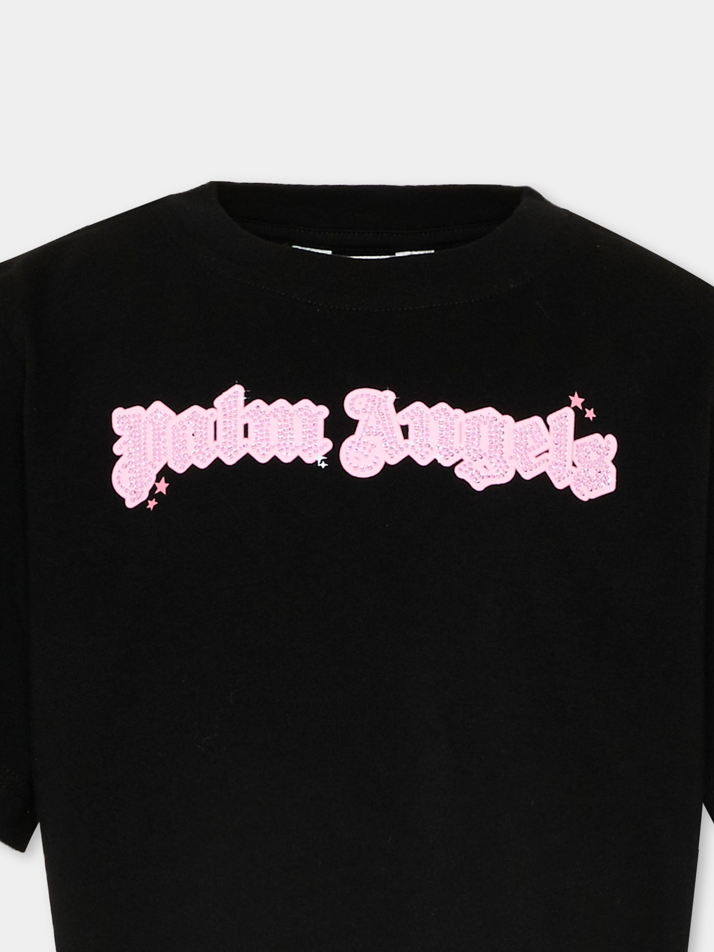 T-Shirt nera per bambina con logo strass,Palm Angels,PGAA004S26JER001 110