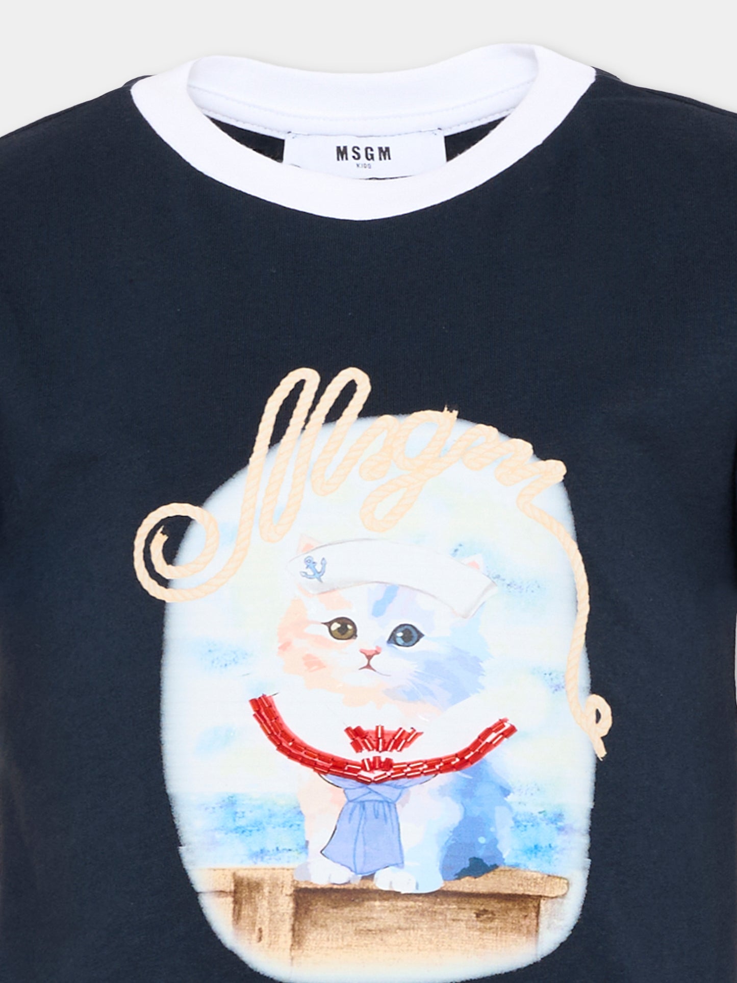 T-Shirt blu per bambina con stampa gatto,Msgm Kids,S6MSJGTH016 MS072