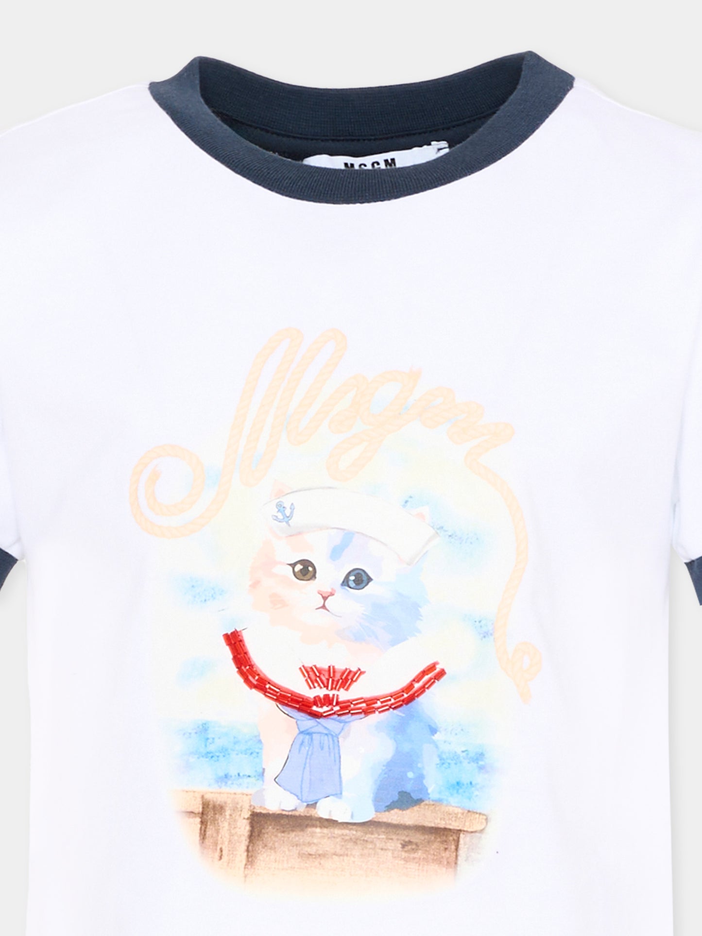 T-Shirt bianca per bambina con stampa gatto,Msgm Kids,S6MSJGTH016 001/83