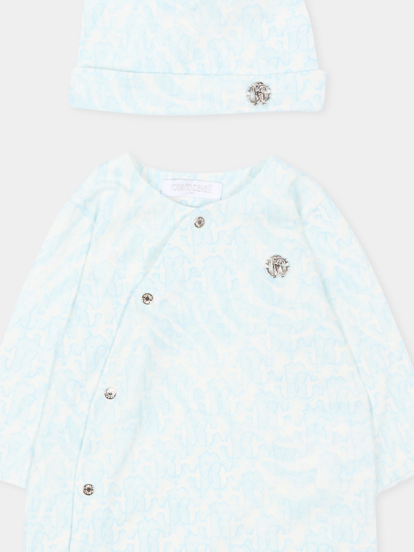 Set tutina celeste per neonato con stampa monogram,Roberto Cavalli Kids,CLP26003TU ZEBRA CELESTE