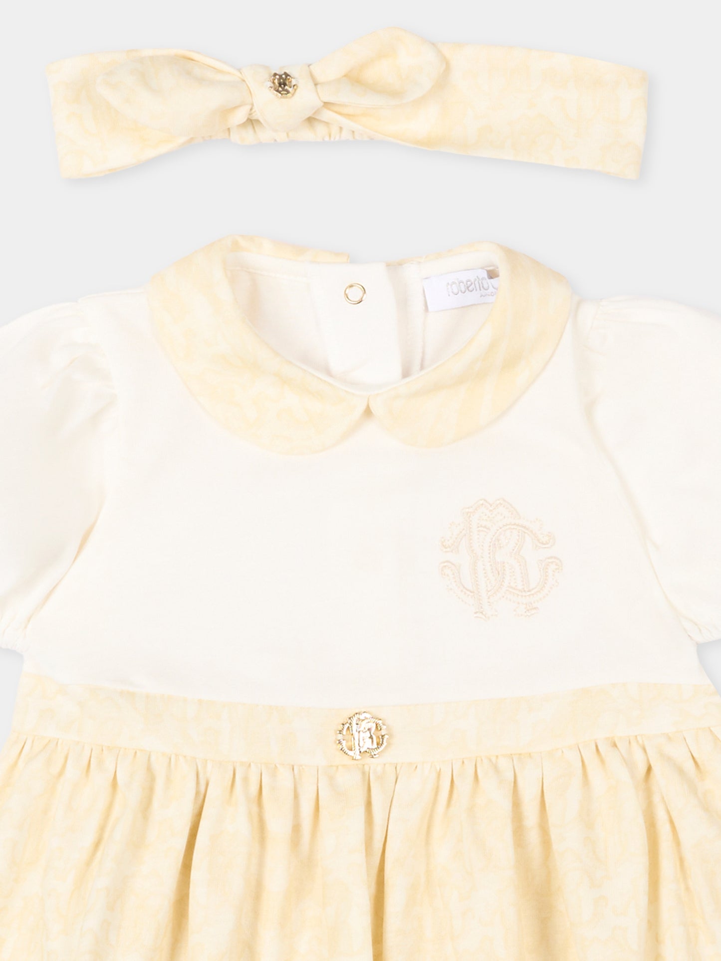 Vestito avorio per neonata con monogram,Roberto Cavalli Kids,CLP26010VE AVORIO CANNOLI CREAM