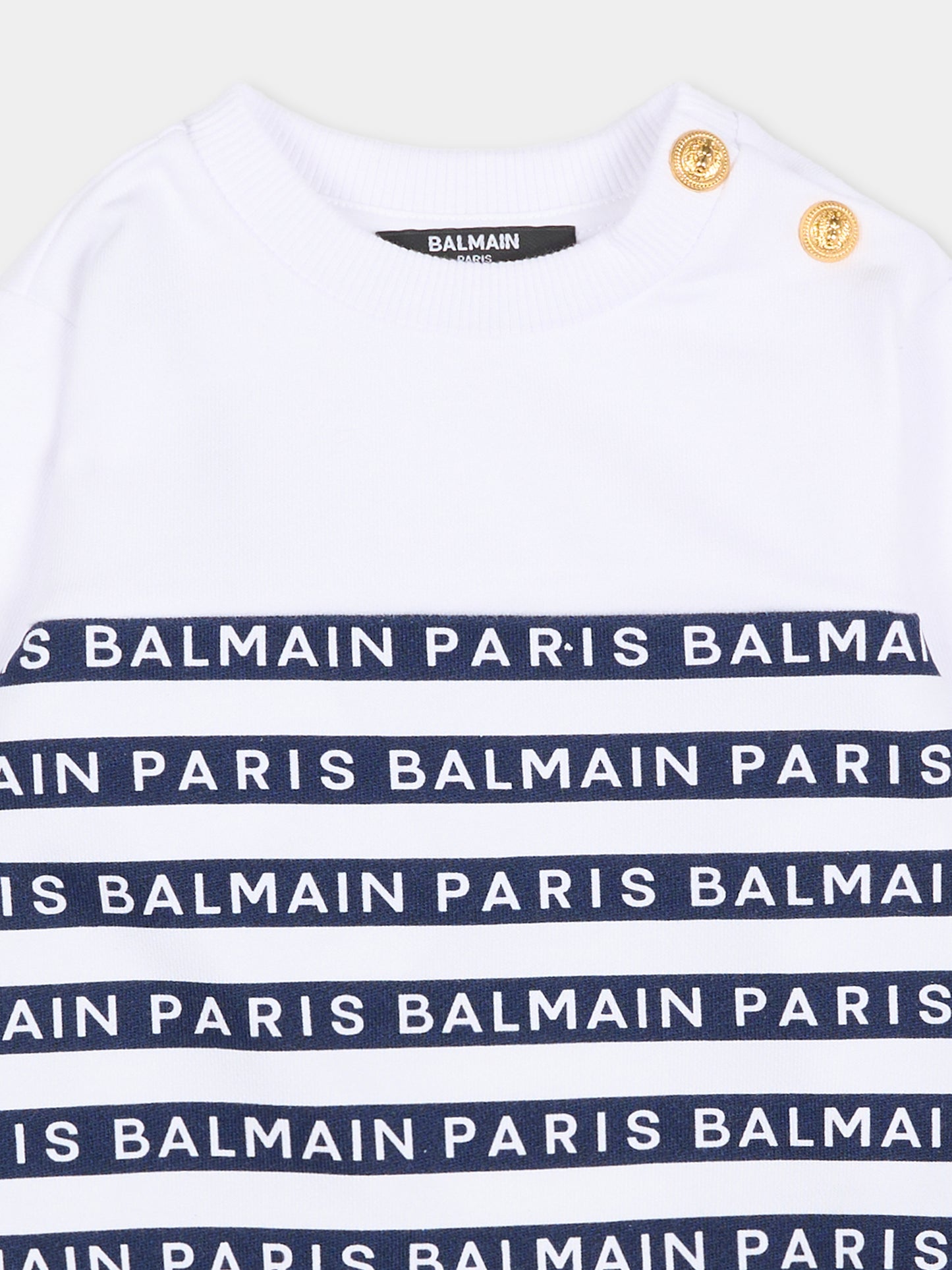 Felpa bianca per neonato con righe blu e logo,Balmain Kids,BU4550 Z1909 100BL