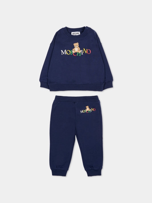 Completo blu per neonato con logo,Moschino Kids,MRK039 LCA60 40016