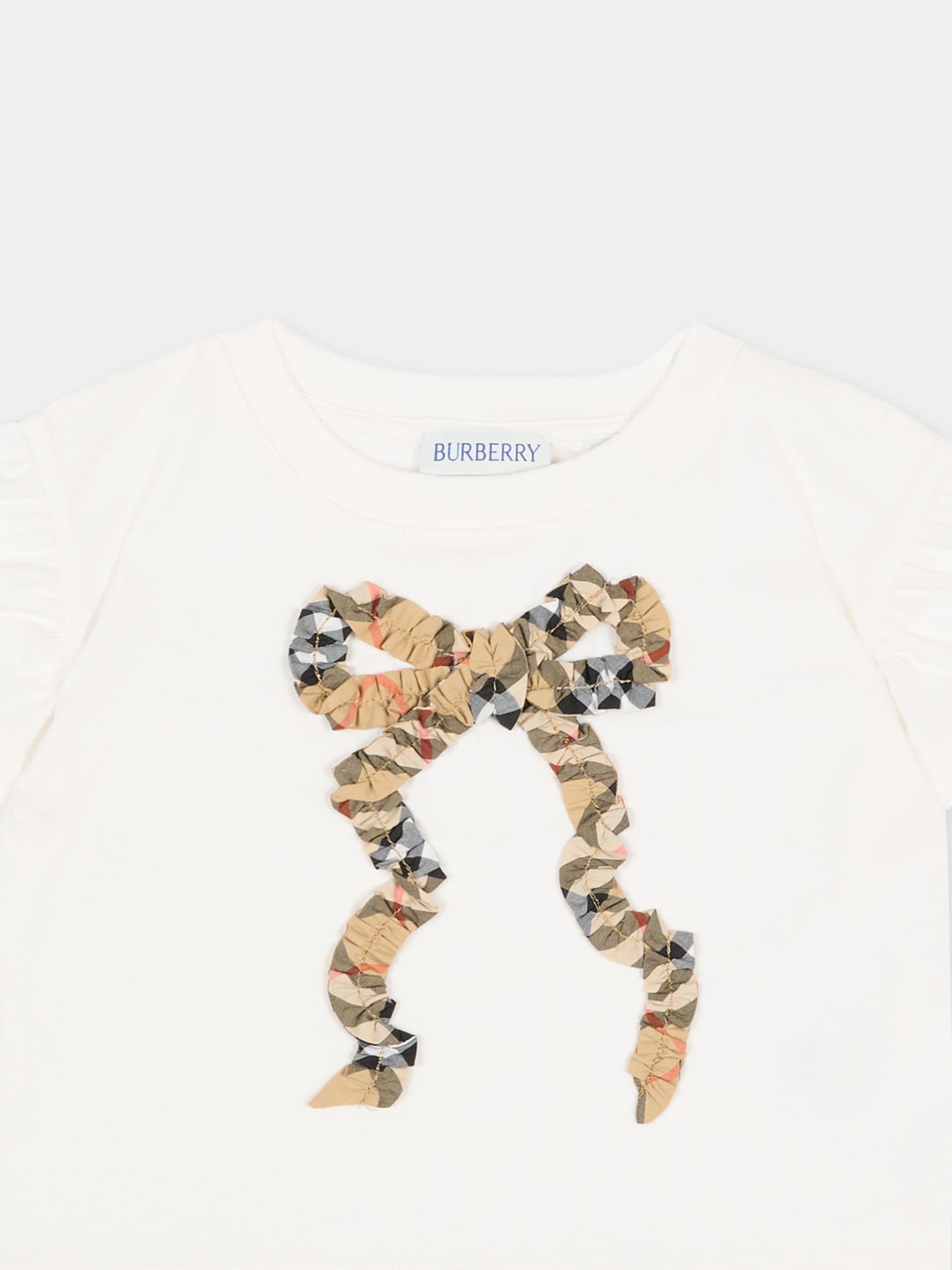 Ivory T-shirt for Baby Girl with vintage check bow