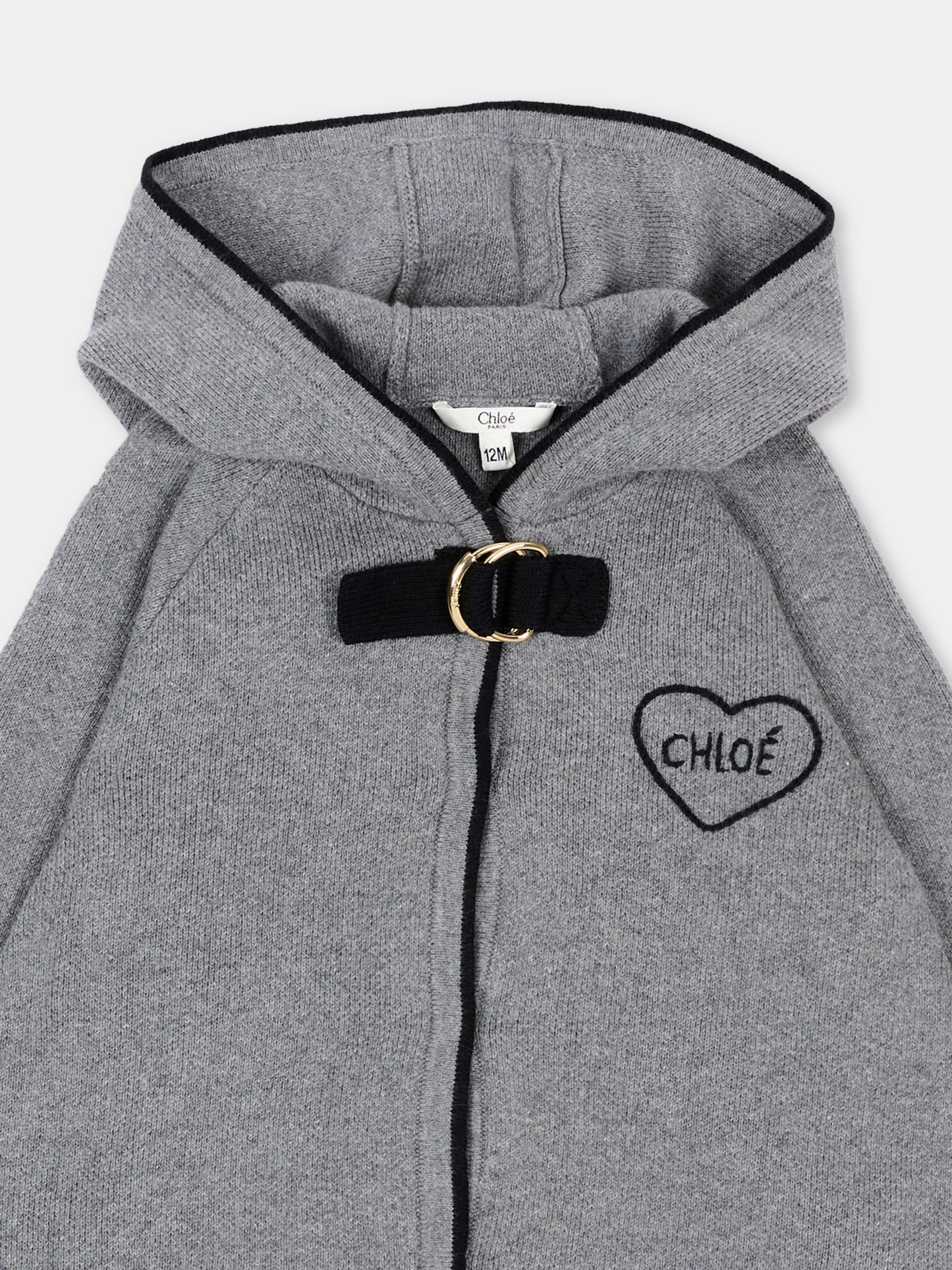 Cappa grigia per neonata con cappuccio in maglia,Chloé Kids,C21355 A46