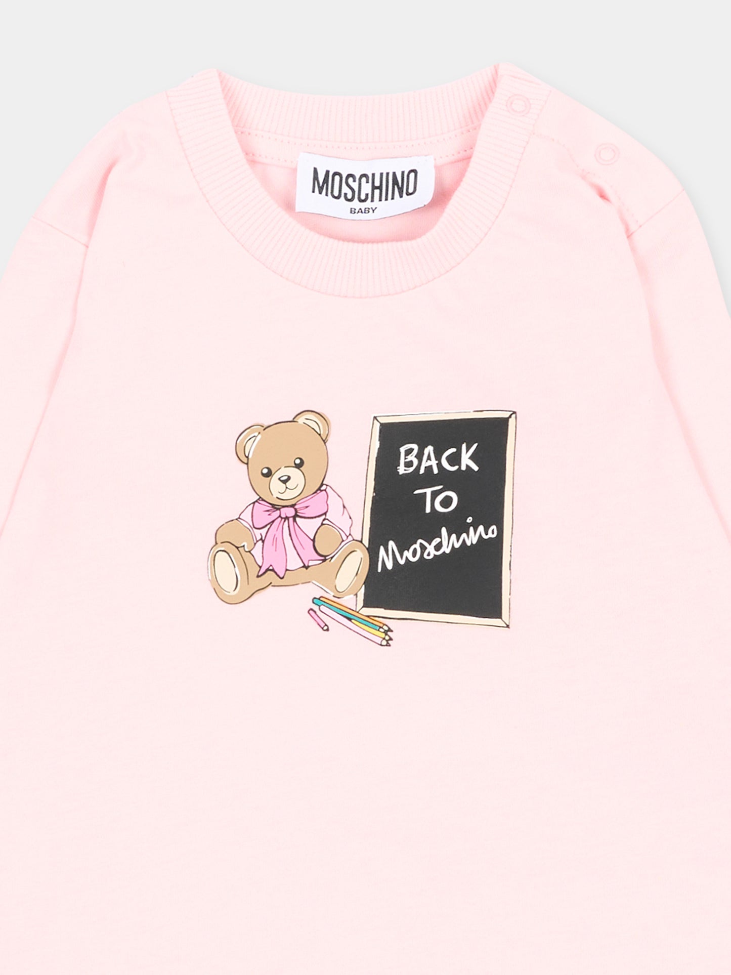 T-shirt a manica lunga rosa per neonata con teddy bear,Moschino Kids,MQO014 LAA10 50209
