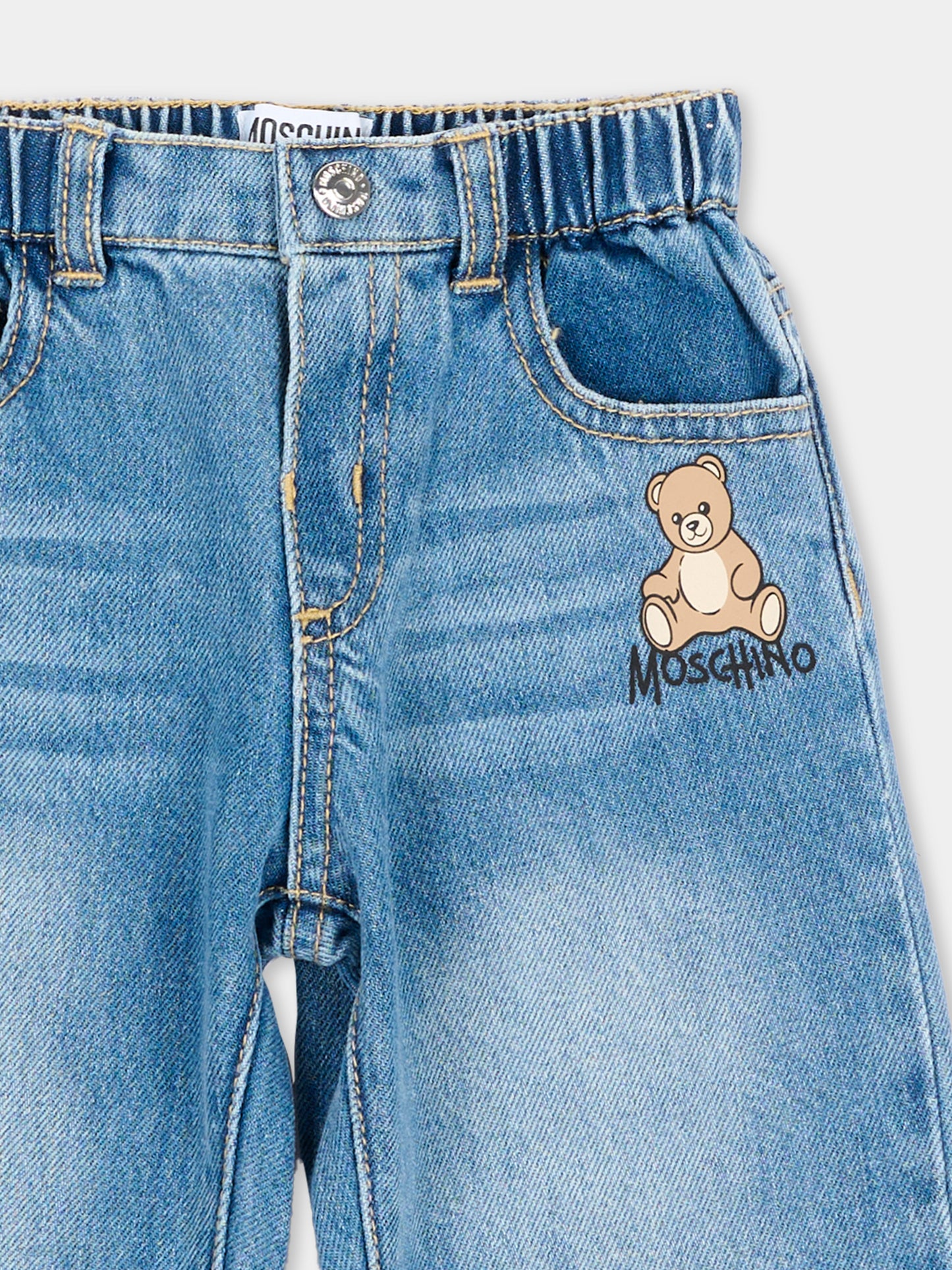 Jeans denim per neonato con teddy bear,Moschino Kids,MUP05Z L0E36 41040