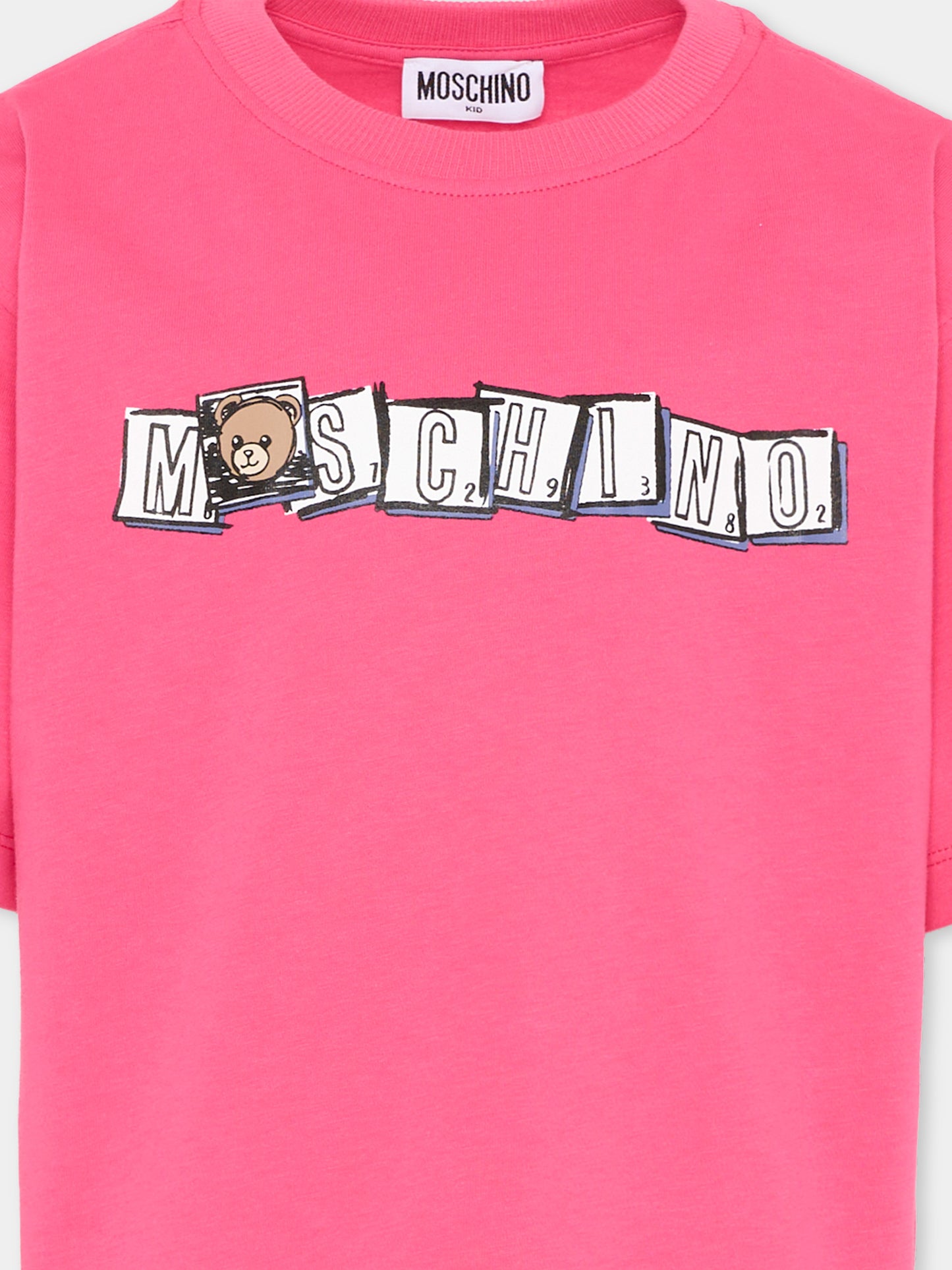 T-Shirt fucsia per bambina con logo,Moschino Kids,HUM05F LAA20 50541
