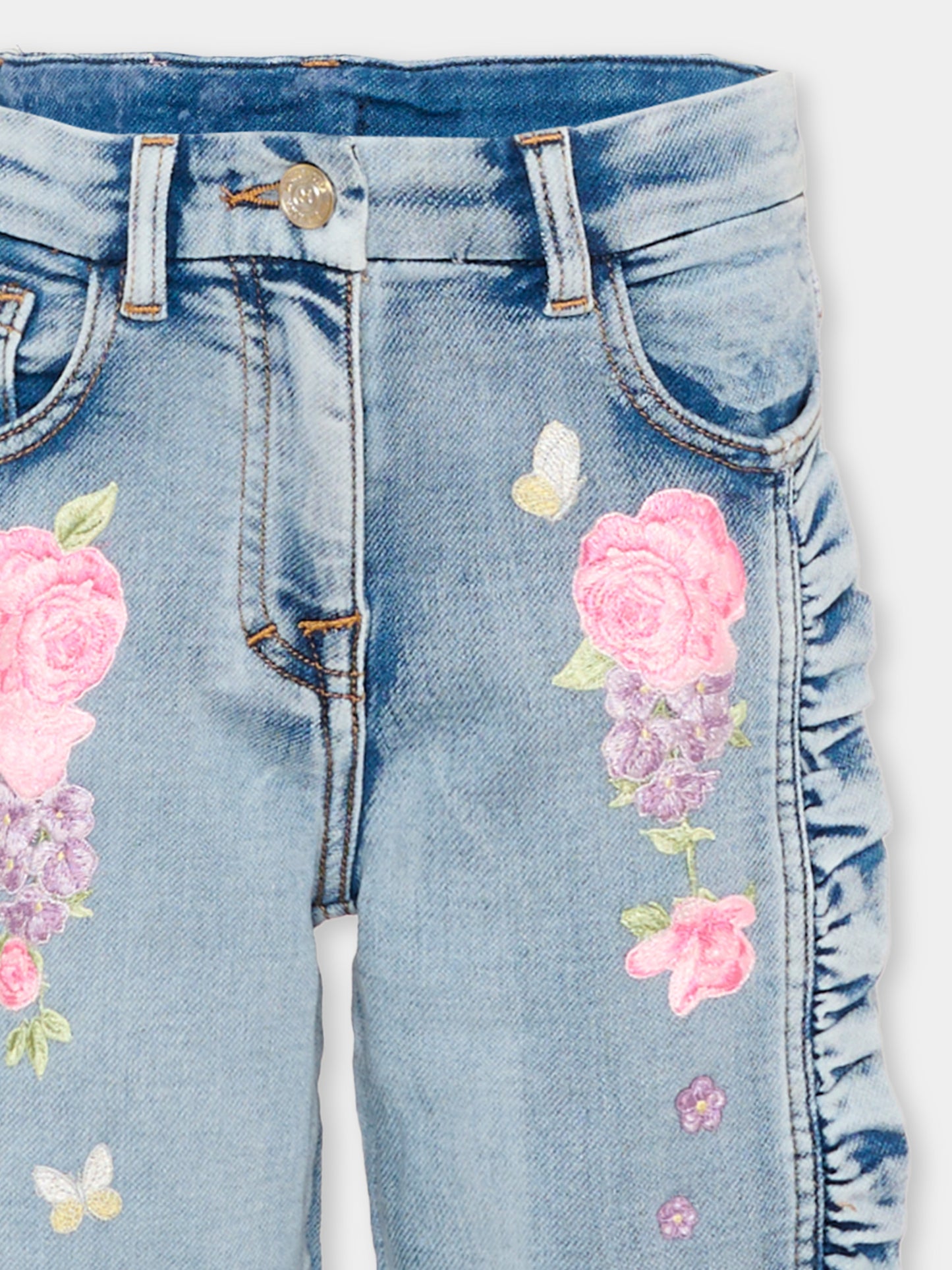 Jeans denim per bambina con ricami floreali,Monnalisa,19G404 7015 055B