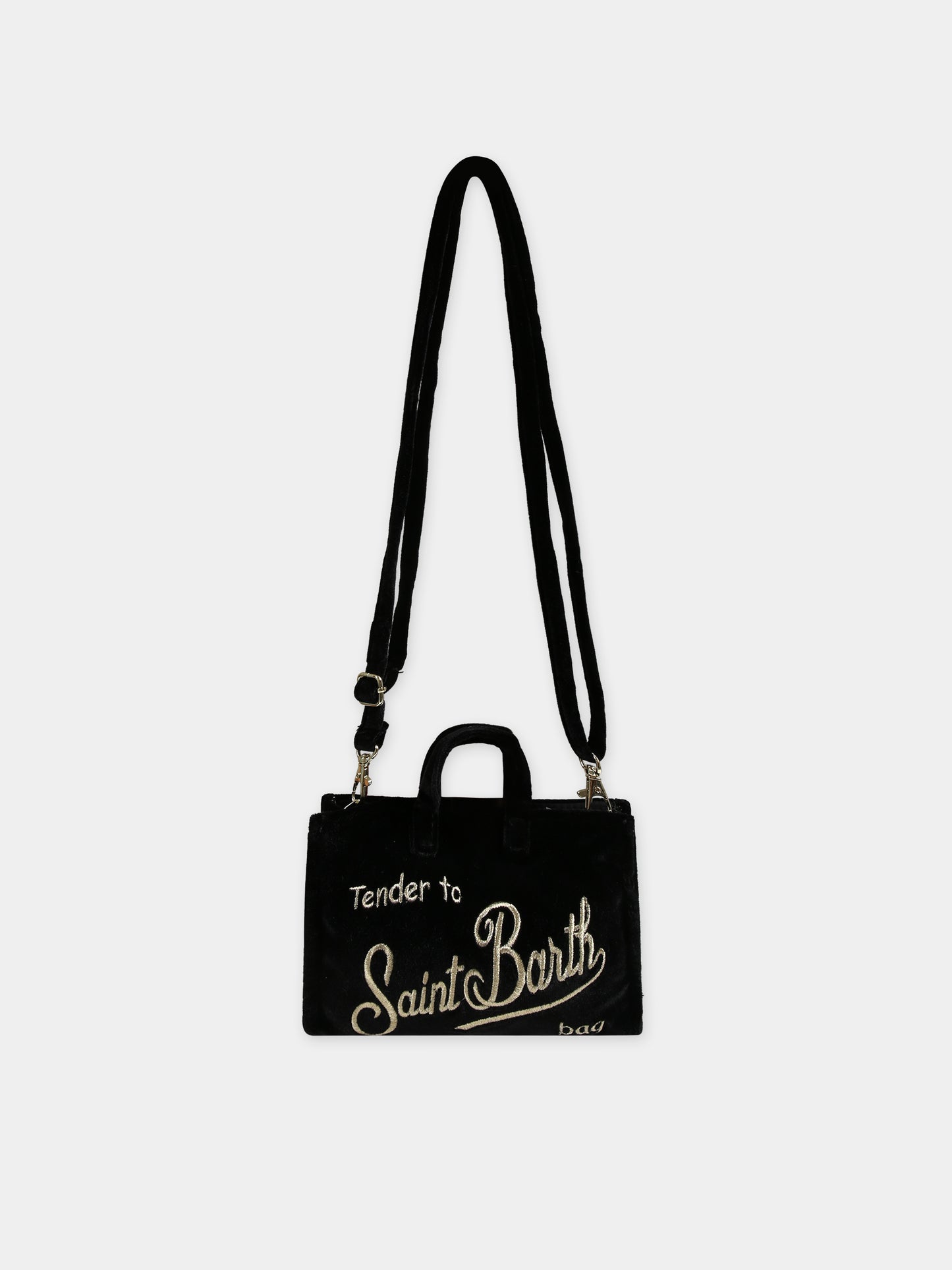 Borsa porta cellulare nera per bambina con logo,Mc2 Saint Barth,PHONE BAG VELVET 00 EMB