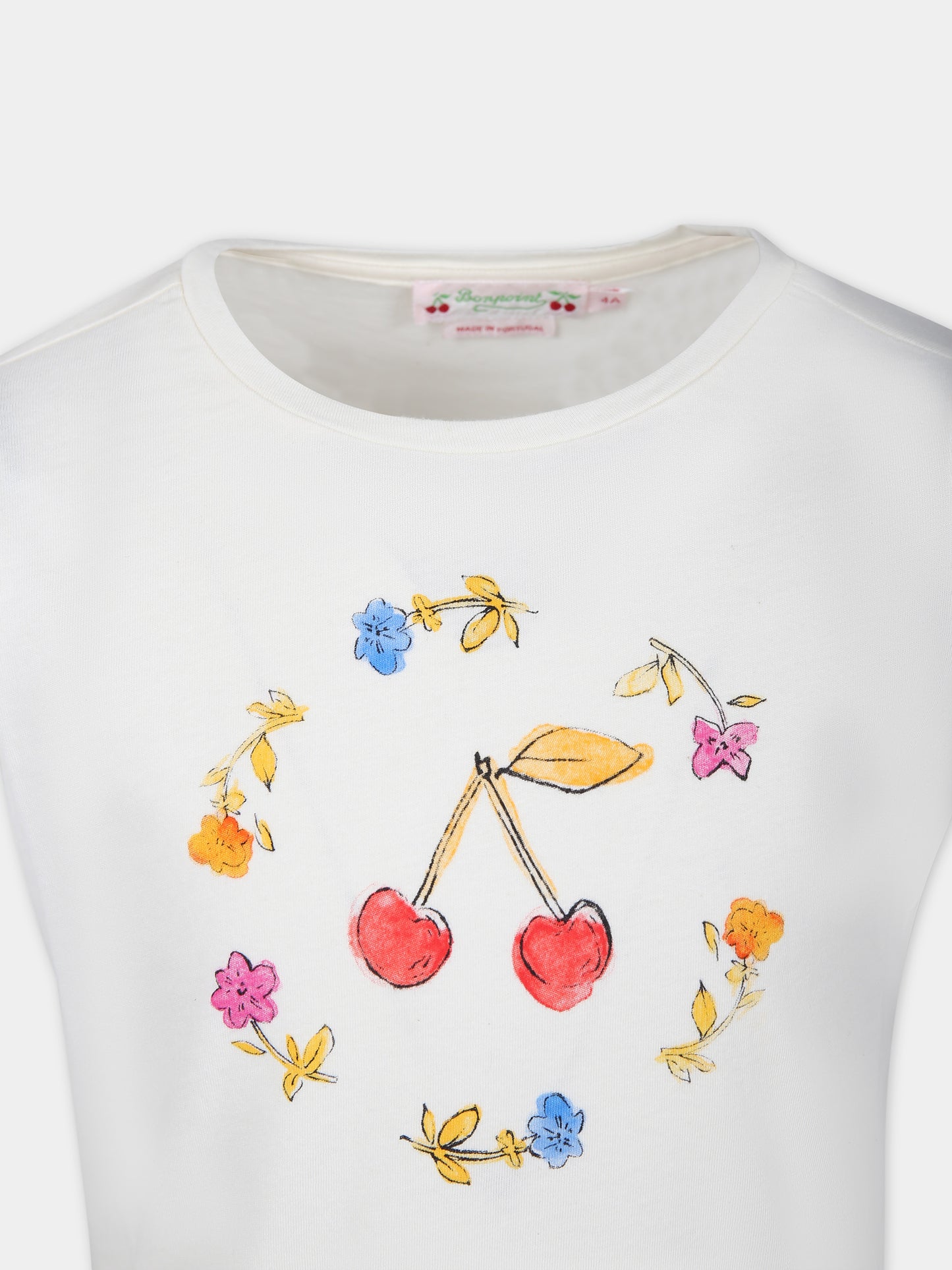 T-shirt avorio per bambina con stampa ciliegie e fiori,Bonpoint,C04GTSK00001 103