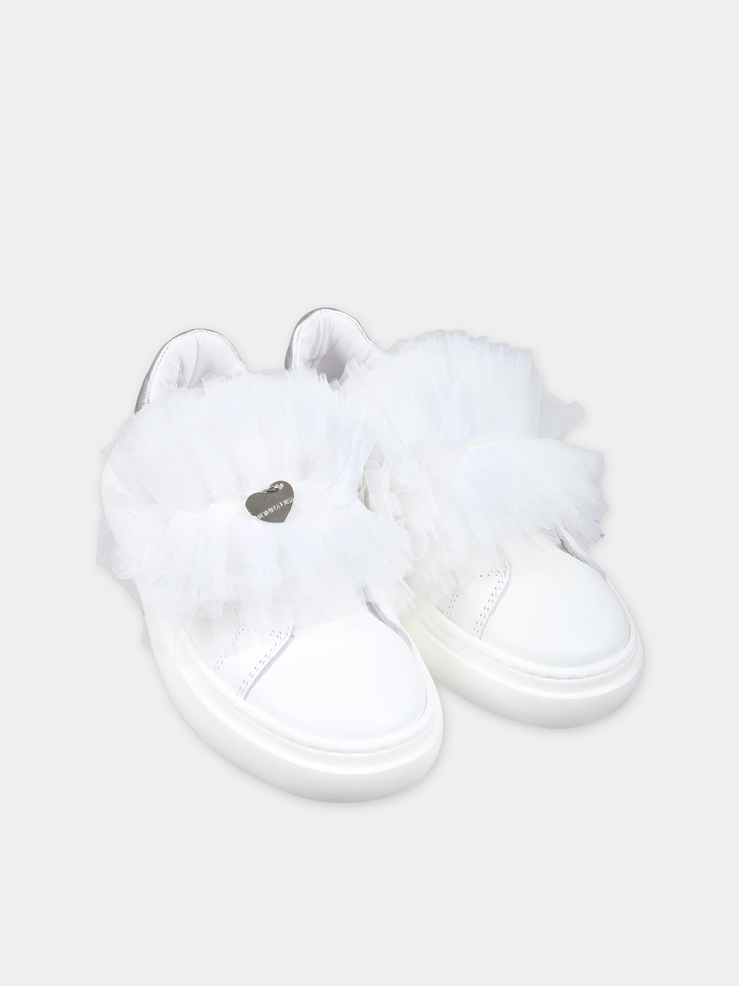 Sneakers basse bianche per bambina con tulle,Monnalisa,87C006 3739 0099