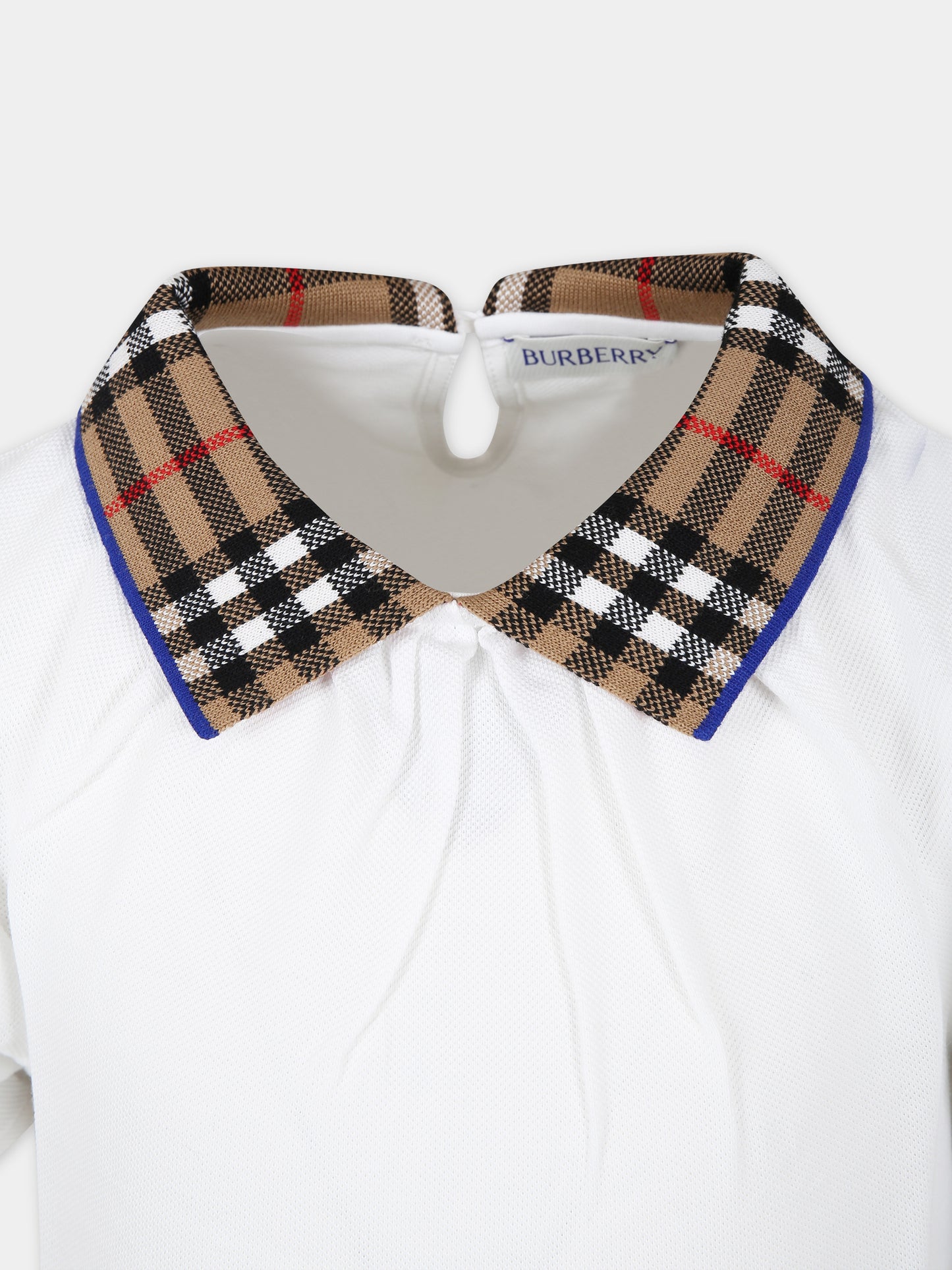 T-shirt bianca per bambina con check vintage sul colletto,Burberry Kids,8073164 A1464