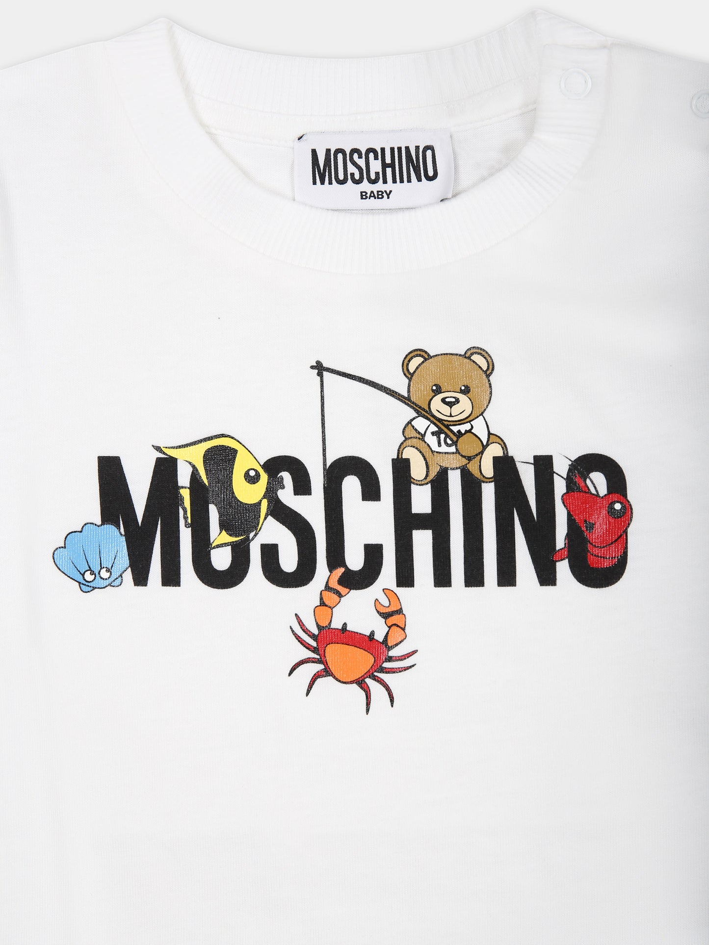 Vestito bianco per neonata con logo e animaletti,Moschino Kids,MDV0BF LAA02 10101