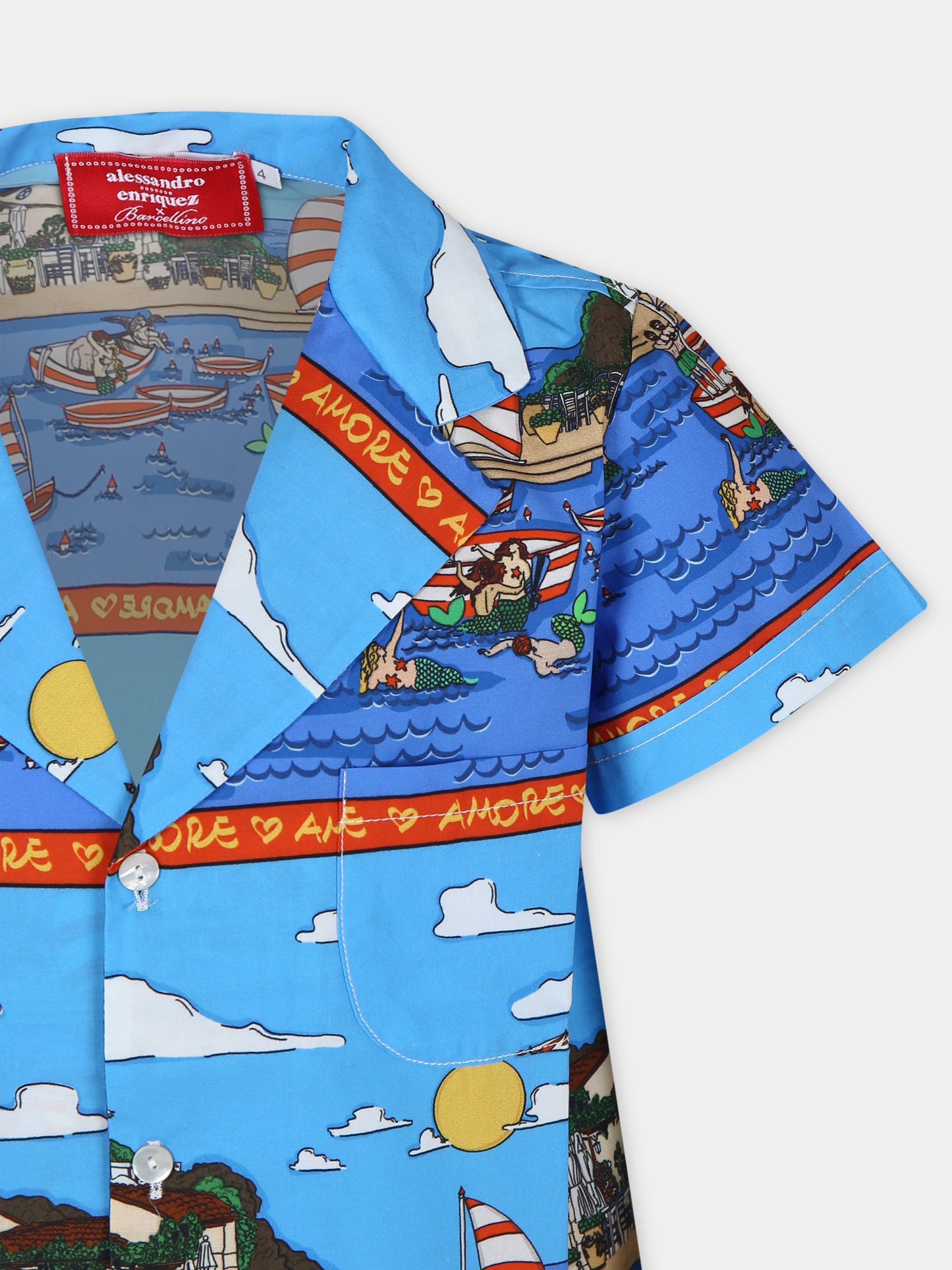 Camicia azzurra per bambini con stampa pop,Alessandro Enriquez X Barcellino,112301