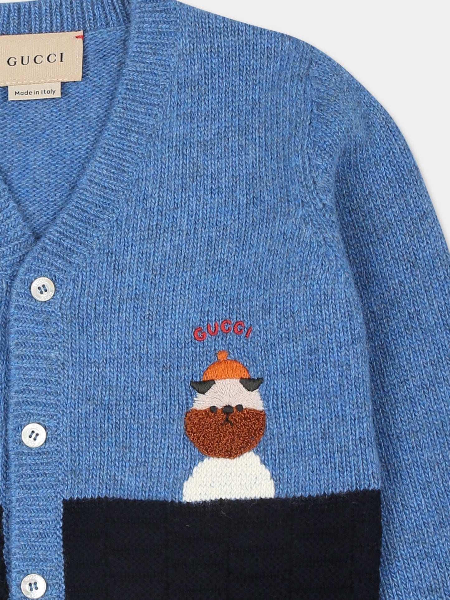 Cardigan azzurro per neonato con cane e logo,Gucci Kids,793448 XKD53 4027