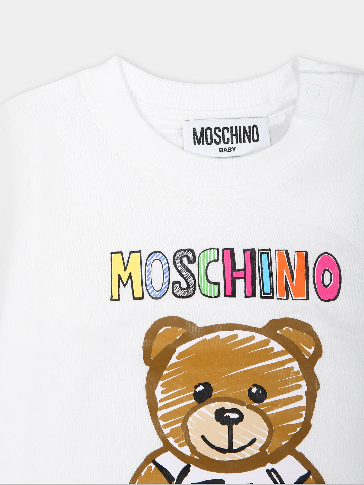T-shirt bianca per neonati con Teddy Bear e logo multicolor,Moschino Kids,MYO00D LAA01 10101