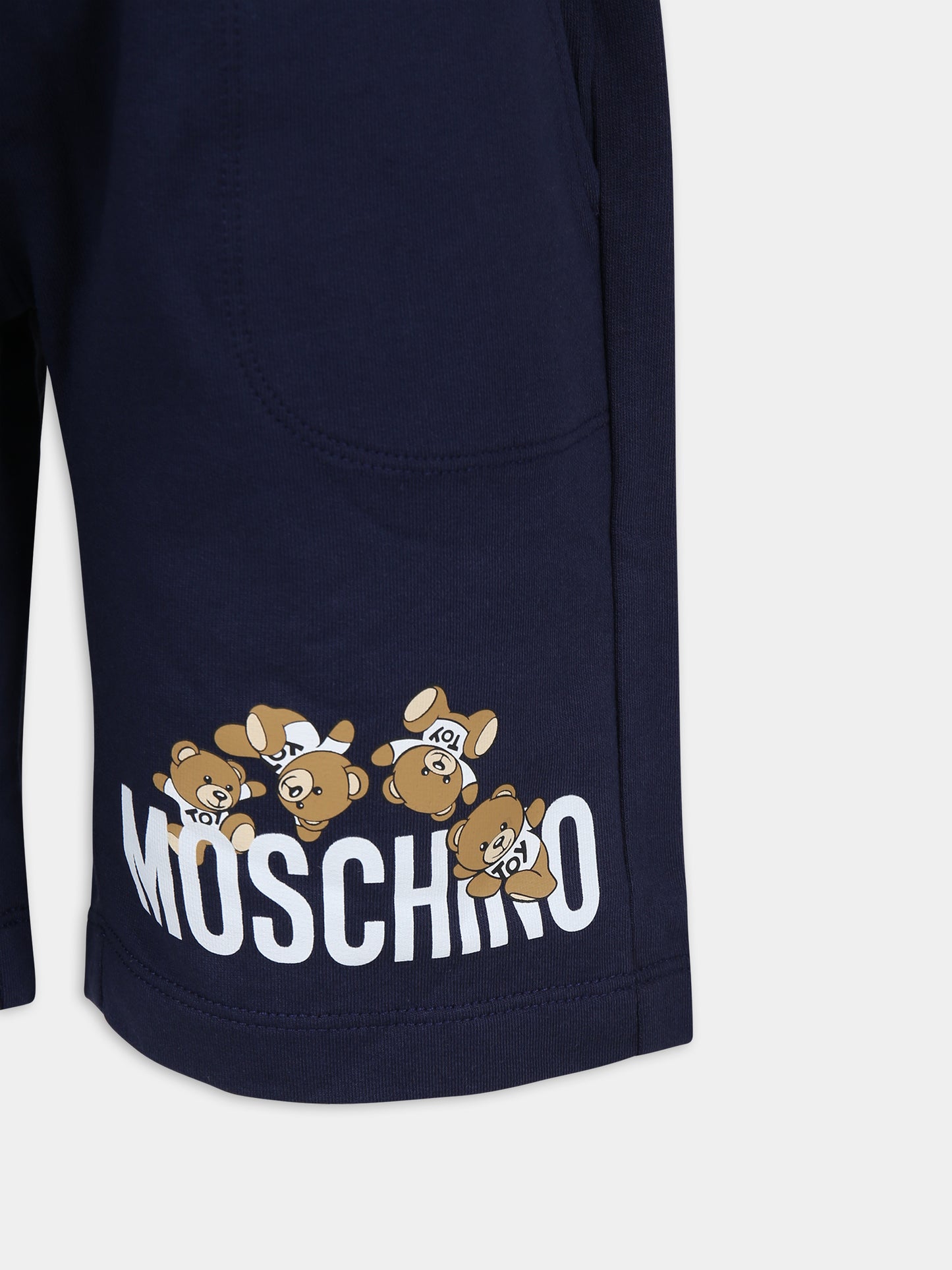 Shorts blu per bambini con Teddy Bers e logo,Moschino Kids,HUQ01O LCA19 40016