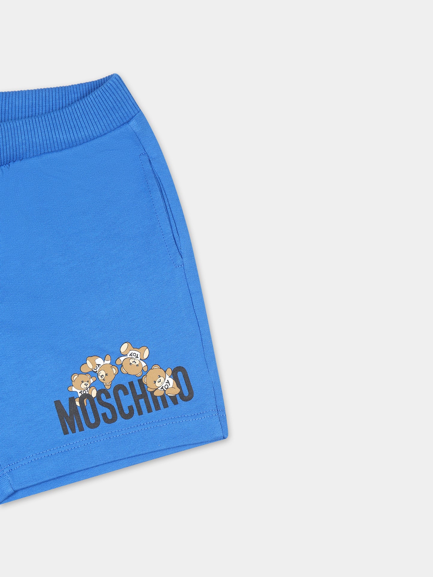 Shorts blu per neonato con Teddy Bears e logo,Moschino Kids,MNQ00N LCA19 40289