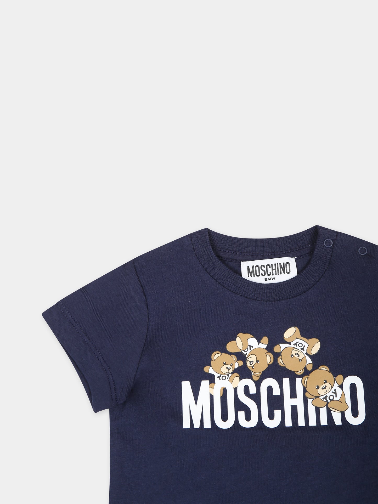 T-shirt blu per neonato con Teddy Bears e logo,Moschino Kids,MWM032 LAA03 40016
