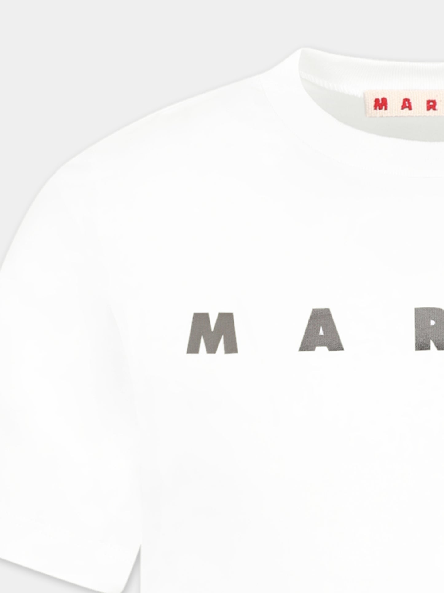 T-shirt bianca crop per bambina con logo argentato metallizzato,Marni Kids,M01317 M00HZ MT256F 0M100