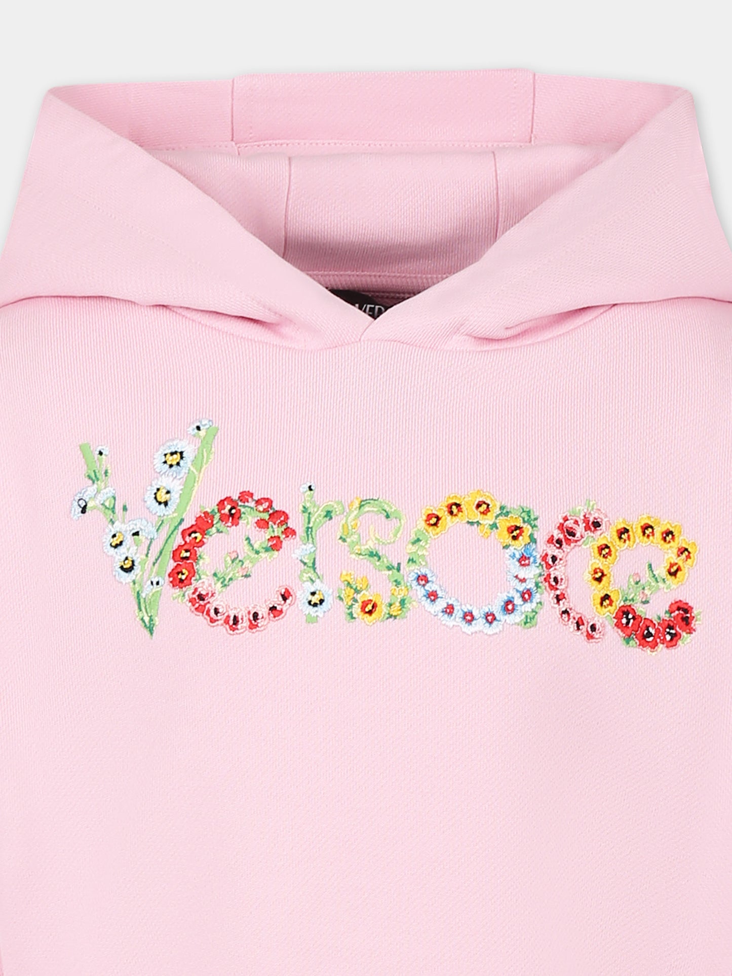 Pink crop sweatshirt for girl with embroidered flower logo