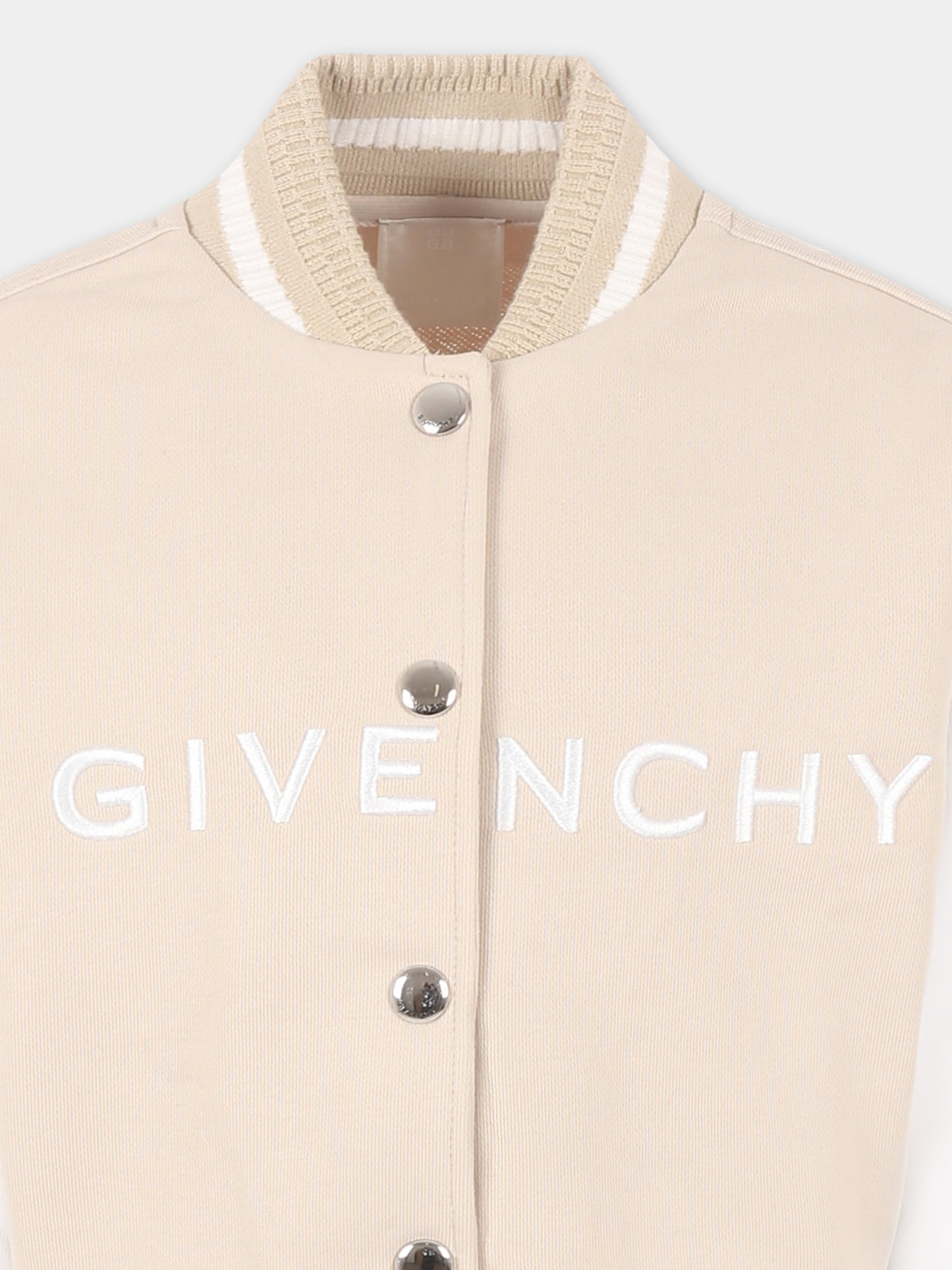 Beige crop bomber jacket for girl with logo