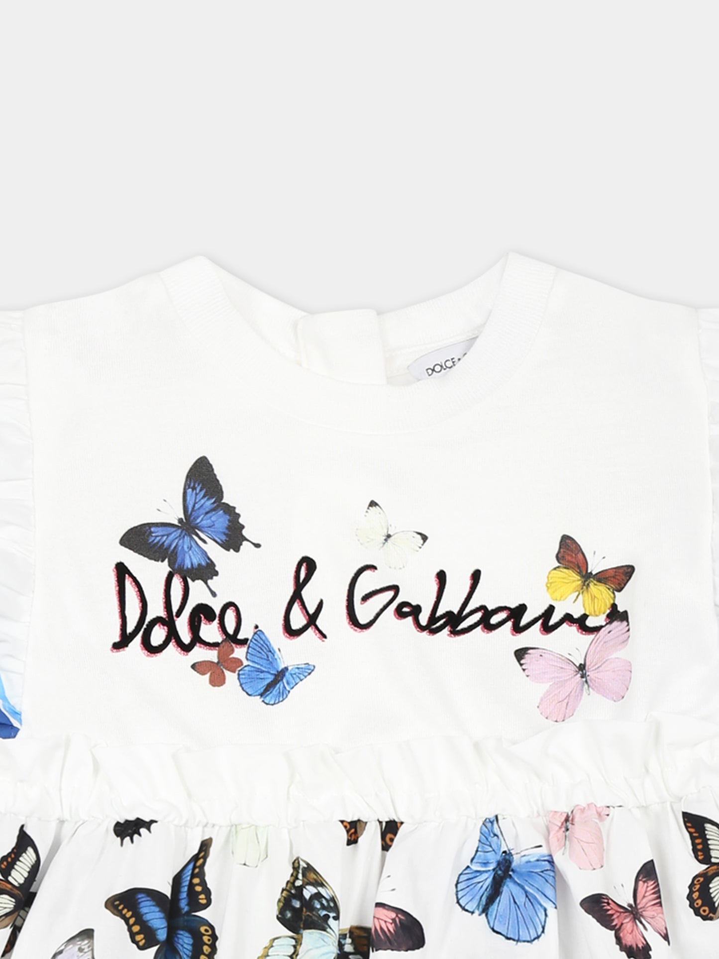 Vestito bianco per neonata con logo e farfalle,Dolce & Gabbana Kids,L2JD9P G7O0M S9000