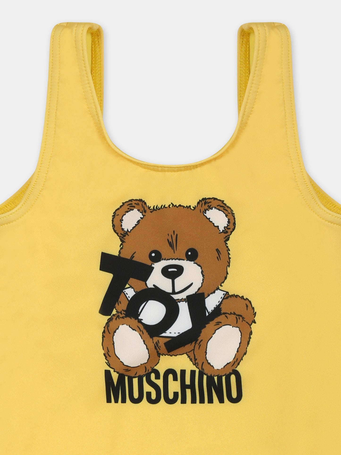 Yellow swimsuit for baby girl with Teddy Bear and black logo