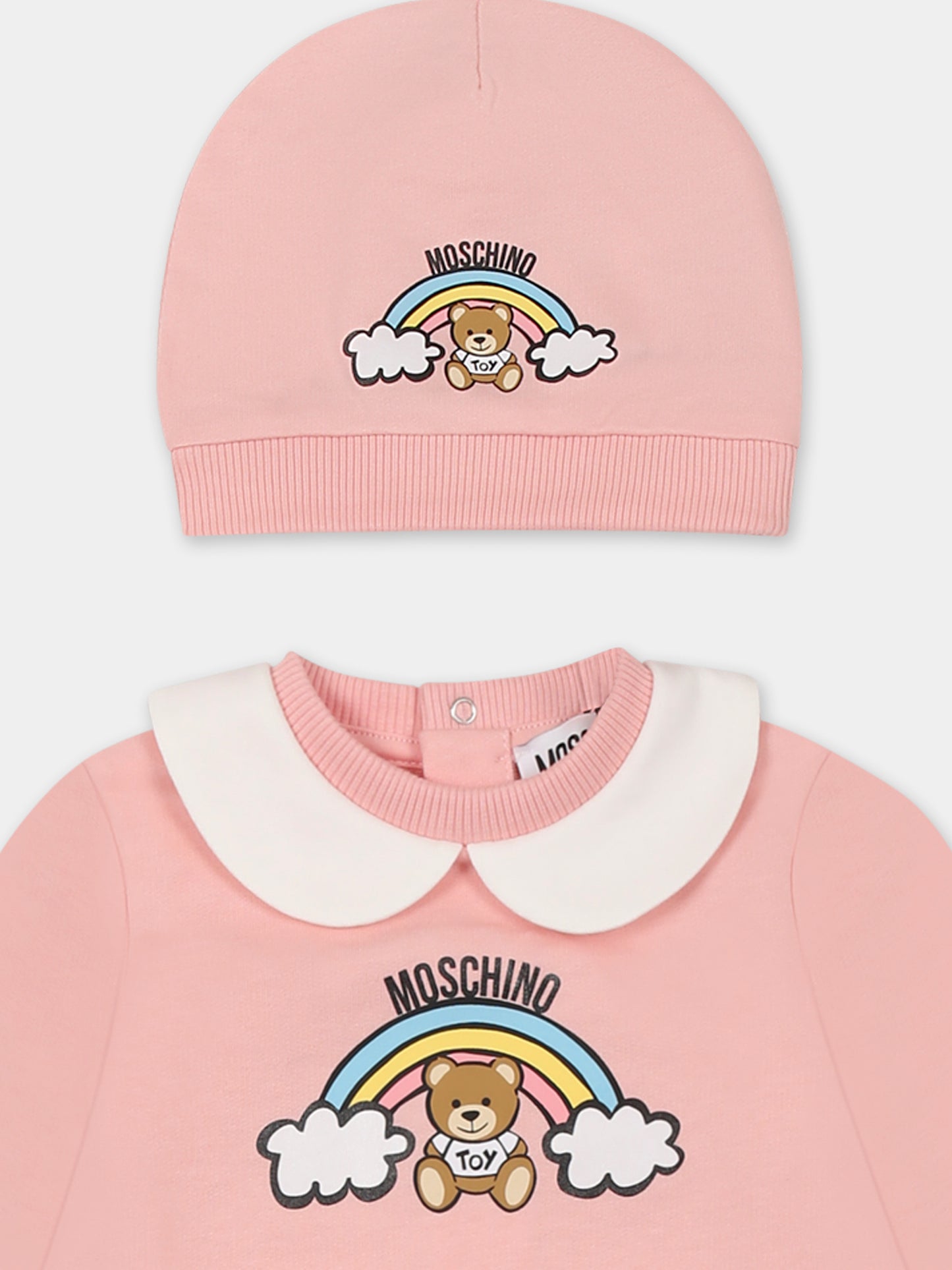 Set tutina rosa per neonata con Teddy Bear e arcobaleno,Moschino Kids,MMY065 LCA19 50209