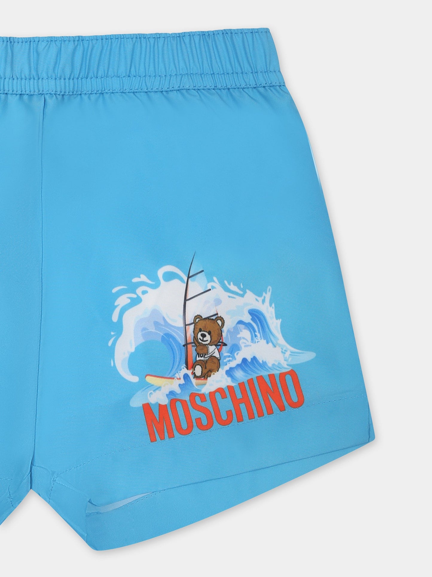 Light blue swimsuit shorts for baby boy with Teddy Bear and logo