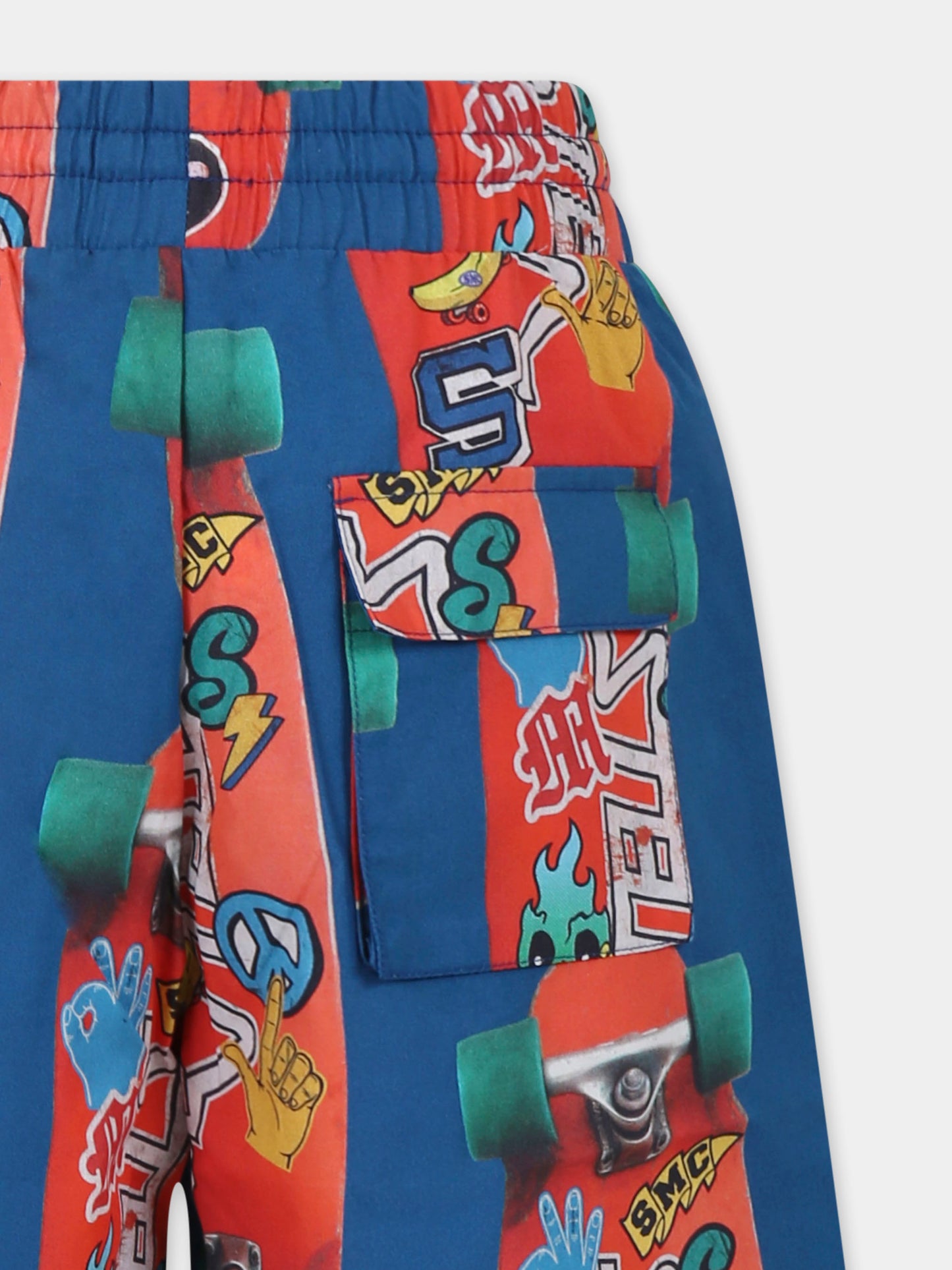 Shorts blu per bambino con skateboard all over,Stella Mccartney Kids,TW6Q99 Z2664 60JMC