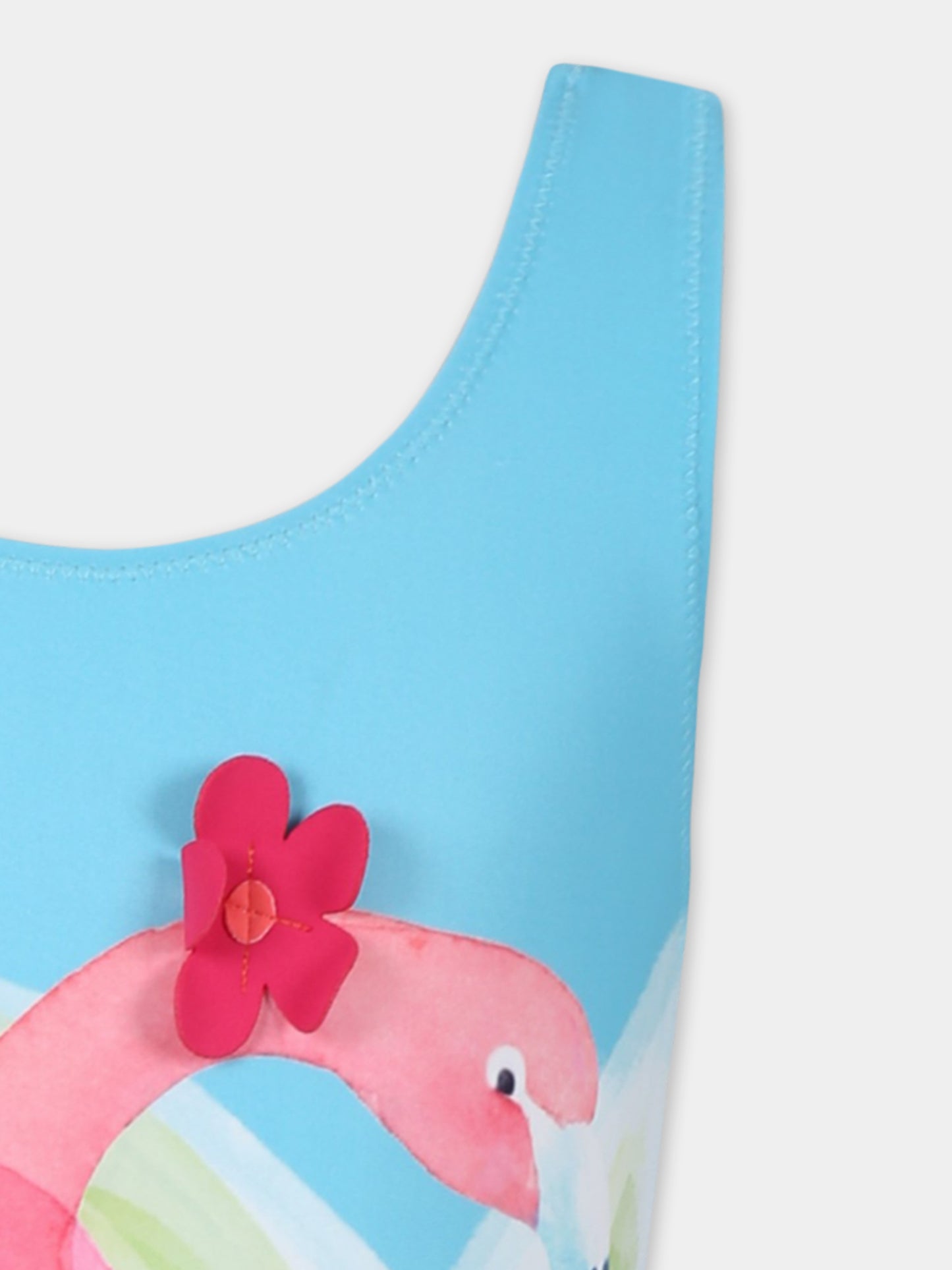 Light blue swimsuit for girl with flamingo