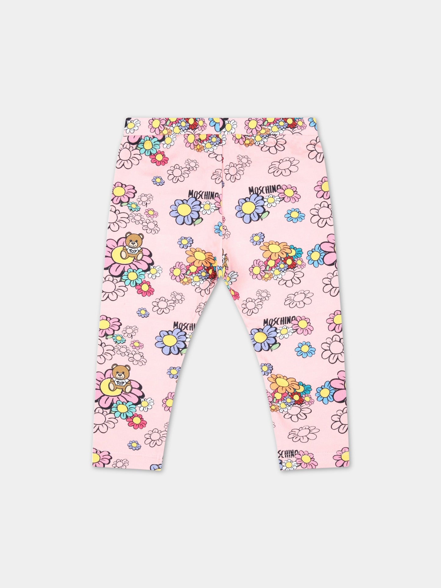Leggings rosa per neonata con fiori e Teddy Bear,Moschino Kids,M0P02N LBC01 84619