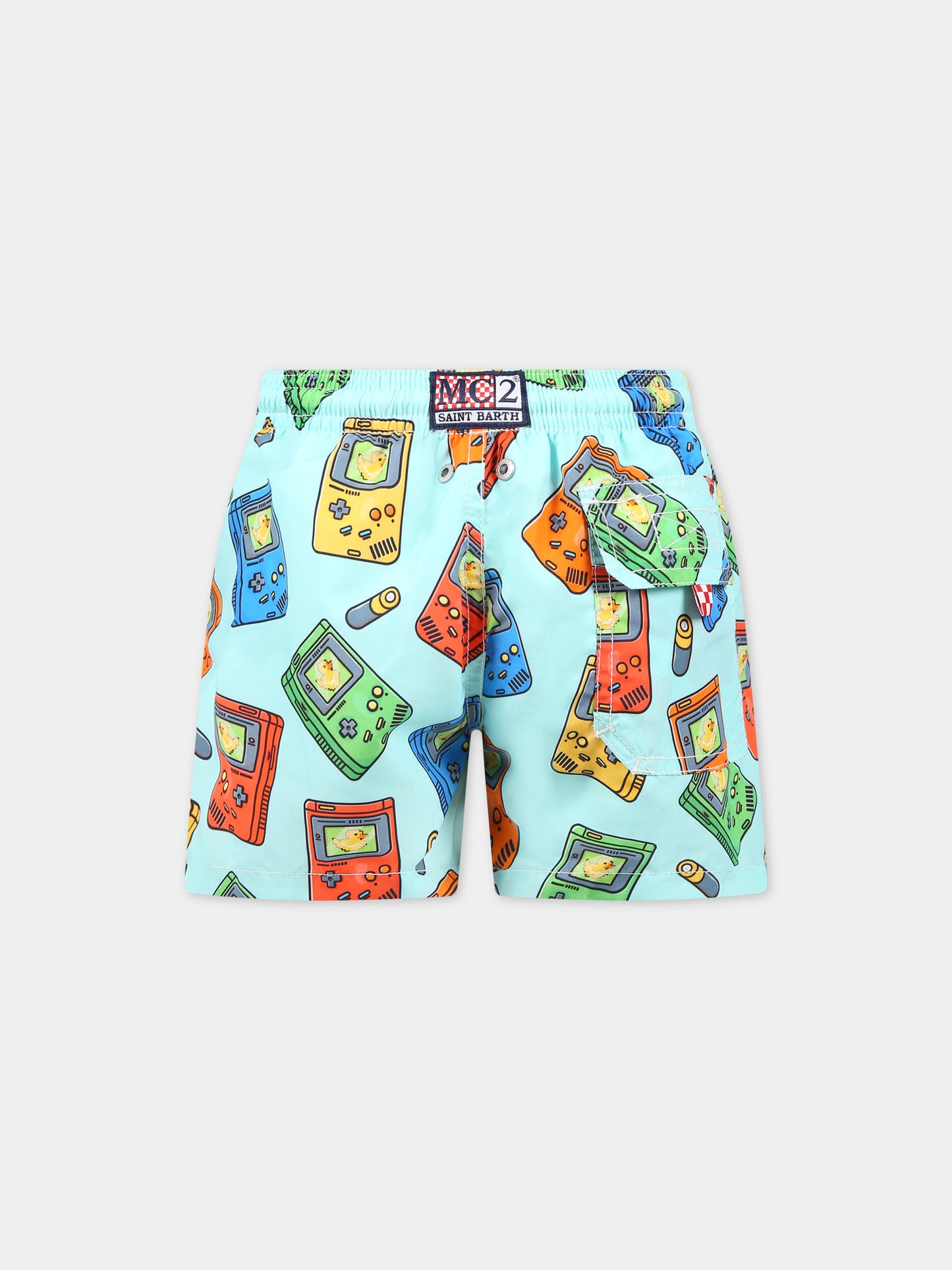 Boxer-mare celeste per bambino con stampa videogames e logo,Mc2 Saint Barth,JEAN BOY GAME 56