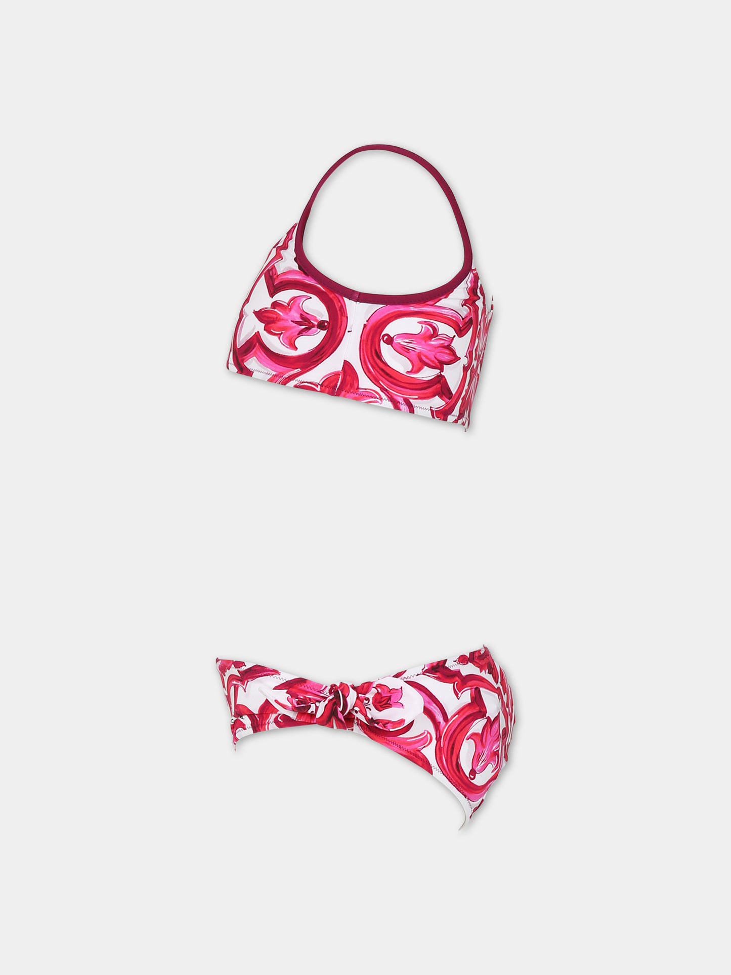 Bikini bianco per bambina con stampa maioliche,Dolce & Gabbana Kids,L5J829 G7J5H HE3TN