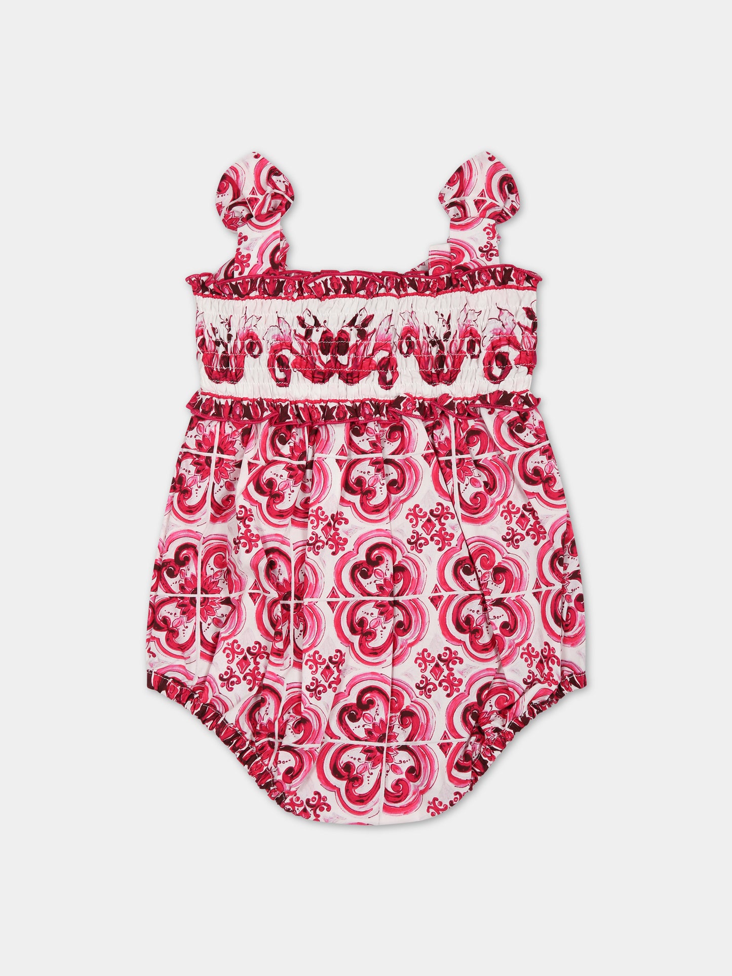 Pagliaccetto fucsia per neonata con stampa maioliche,Dolce & Gabbana Kids,L21O84 G7EX8 HE3TN