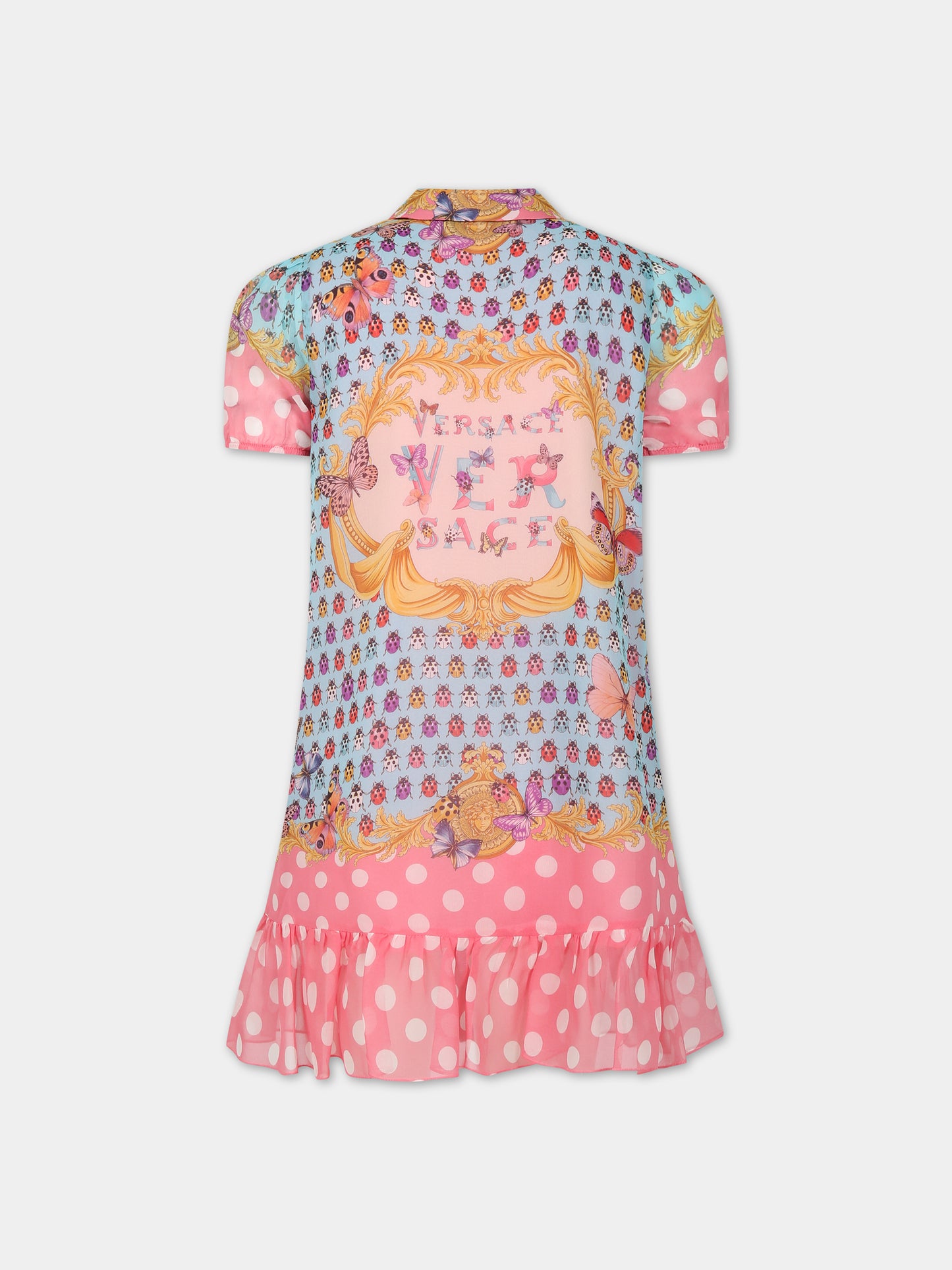 Vestito celeste per bambina con stampa iconica e logo,Versace,1011104 1A08119 5X280