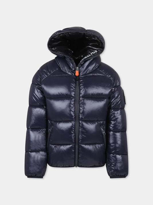 Blue down jacket for boy with logo