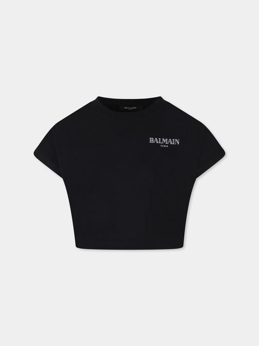 Black crop t-shirt for girl with logo