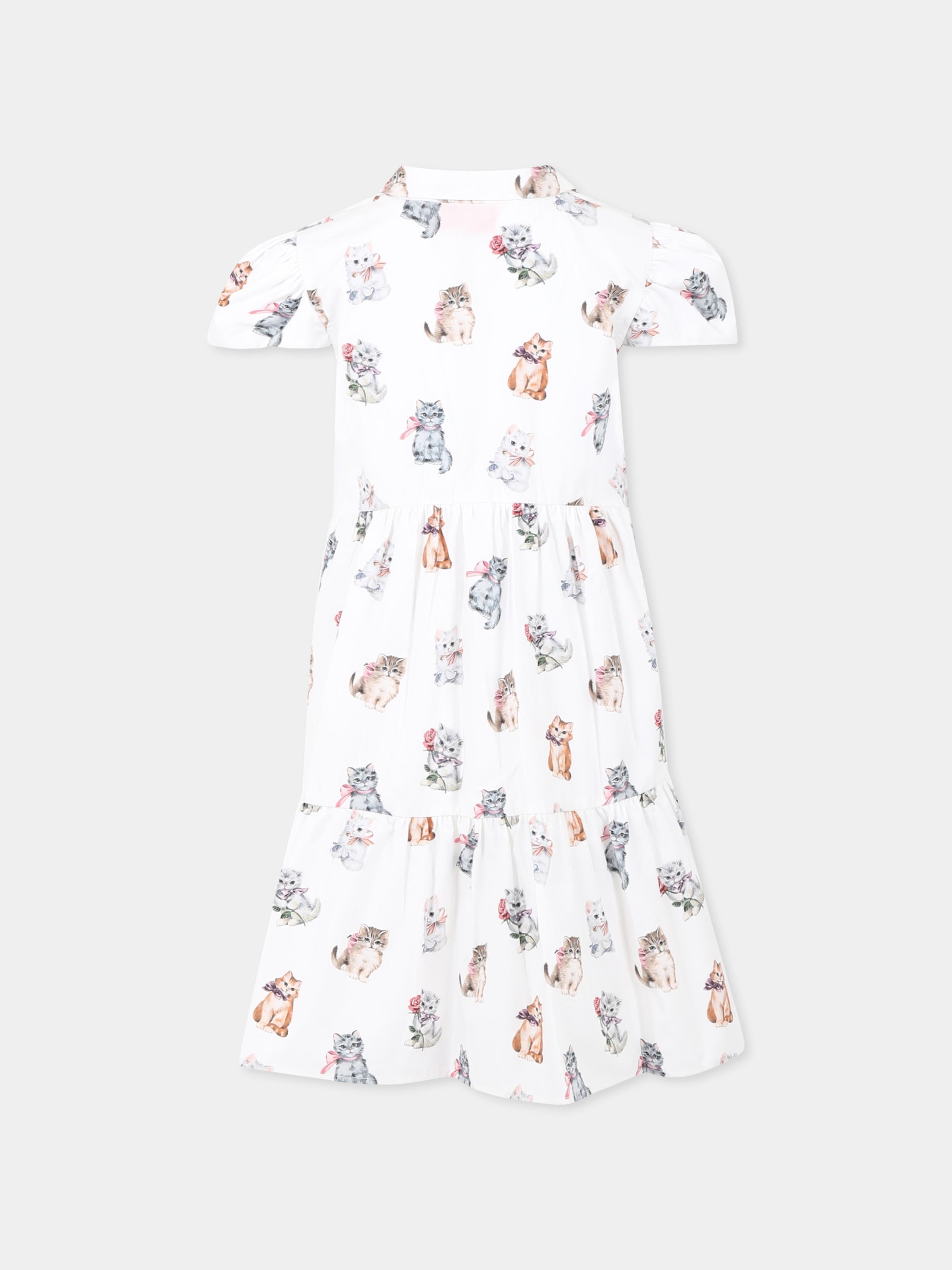 Vestito bianco per bambina con gatti all over,Vivetta Kids,VE2538B